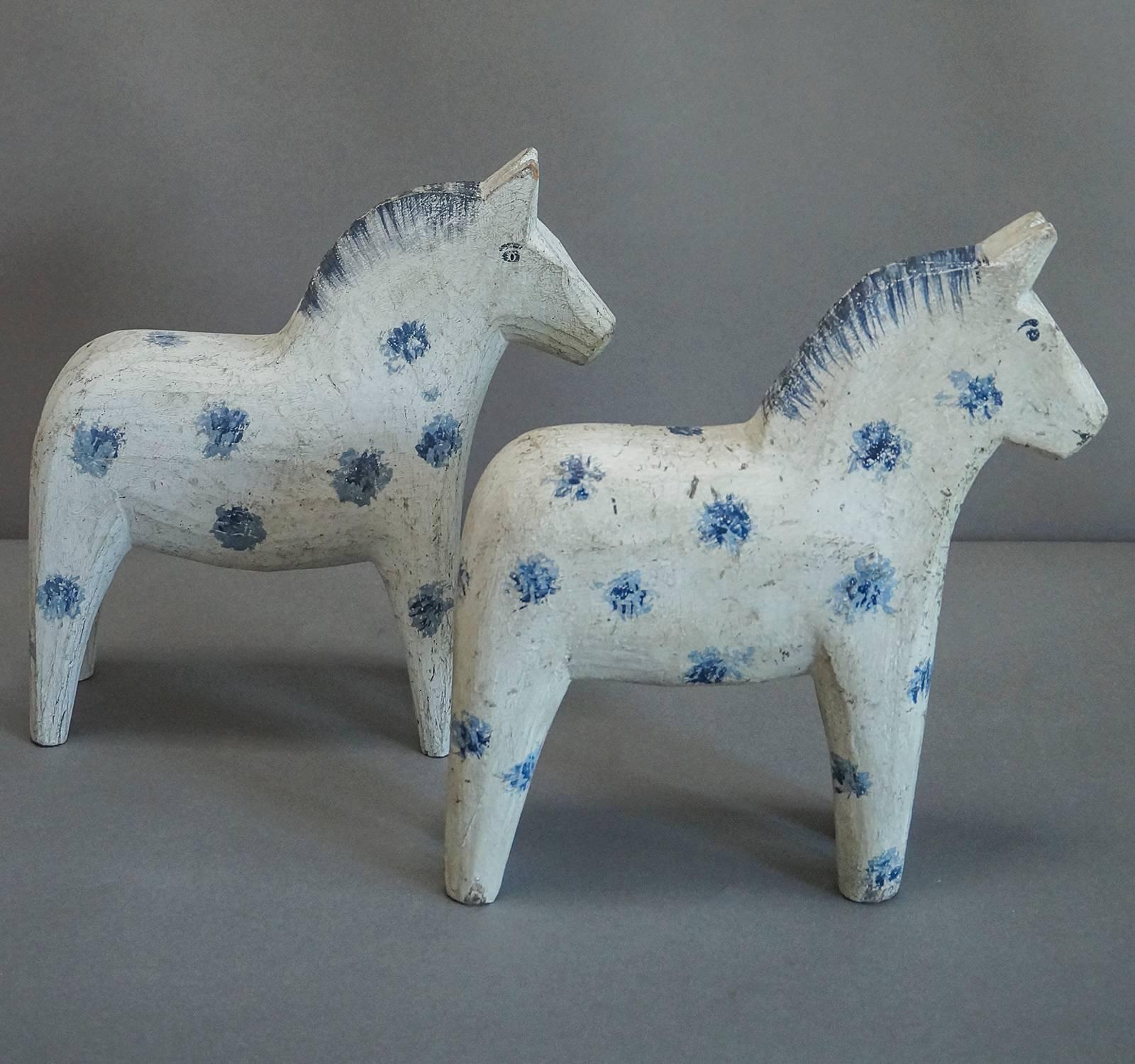 Folk Art Pair of Dalecarlian or Dala Horses with Blue Dots