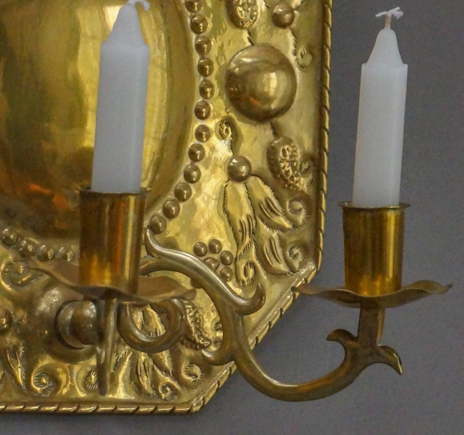 Pair of Hand-Hammered Brass Sconces In Excellent Condition For Sale In Sheffield, MA