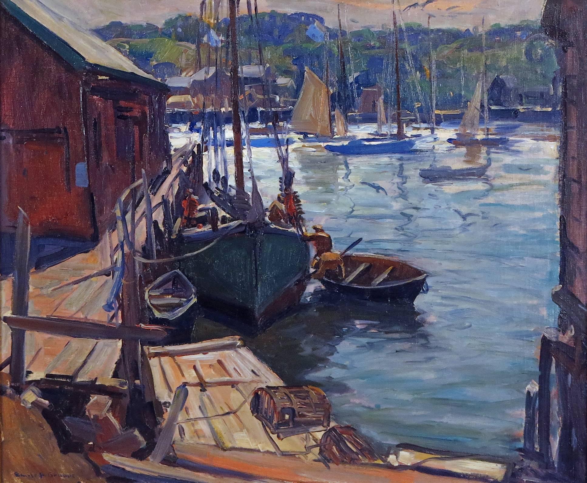 Emile Gruppe.
American, 1896–1978.
Early morning in Gloucester.

Oil on canvas
25 by 30 in. W/frame 31 by 36 in.
Signed lower left: Emile A. Gruppe.
Titled verso: Early Morning Gloucester.

Emile A. Gruppe was a painter-teacher who was born in 1896,