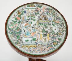 Rare Directoire Walnut Candle Stand with Chinese Famille Verte Porcelain Top