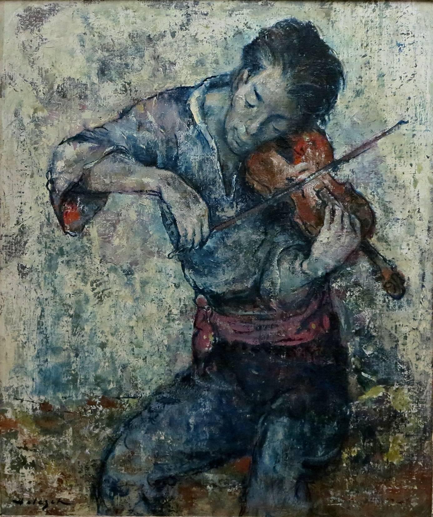 Denes Holesch,
Hungarian, 1910-1983.
The Violinist.

Measures: Oil on board.
26 ½ by 22 in. with frame 33 by 28 ½ in.

Denes Holesch (Denes de Holesch) was born in 1910 in Besztercebanya, Hungary. He entered the Academy of Fine Arts as a