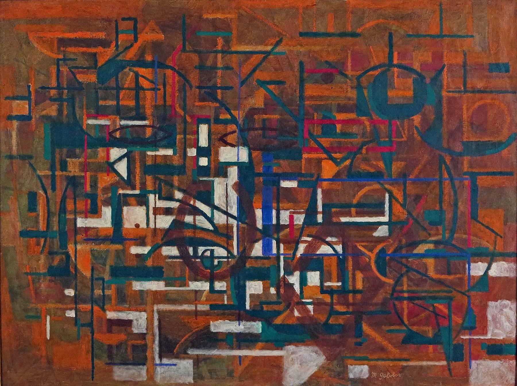 Maurice Golubov, 
Russian/American, 1905-1987.
Abstract.

Oil on Canvas
30 by 40 in. W/frame 34 by 44 in.

Biography

Maurice Golubov first studied art as a teenager during evening classes with John Sloan at a Hebrew Educational Society settlement