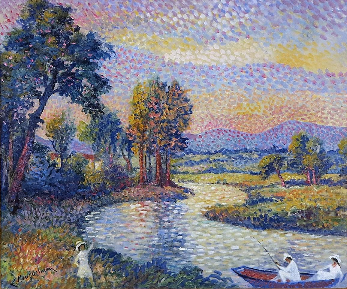 Lucien Neuquelman. 
France 1909-1988.
Bords de L’Allier La Peche on Riviere.

Oil on canvas.
Measures: 18 ¼ by 21 ¾ in with frame 28 ¼ by 31 ¾ in.

Lucien Neuquelman, French oil pointillist, began studying at the Art School of Toulon. He moved to