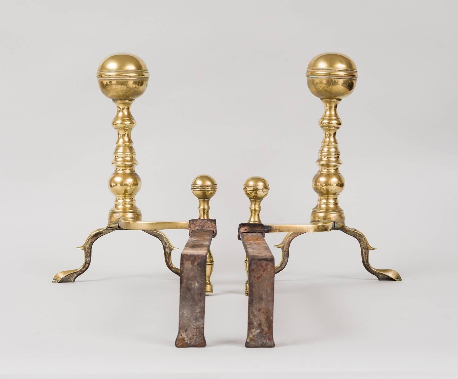 Pair of American Brass Ball Topped Andirons In Excellent Condition In Sheffield, MA