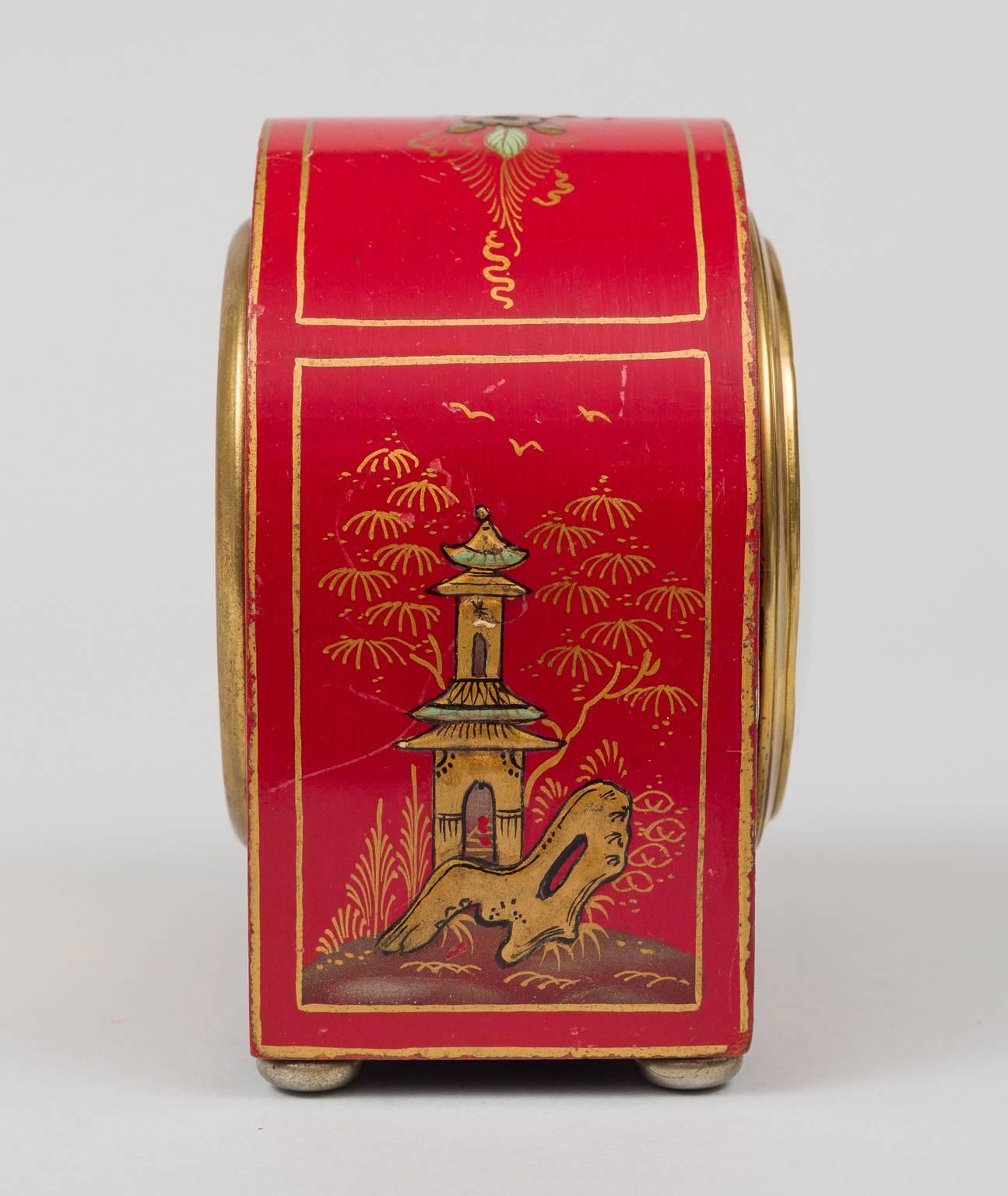 English Red Chinoiserie Desk Clock