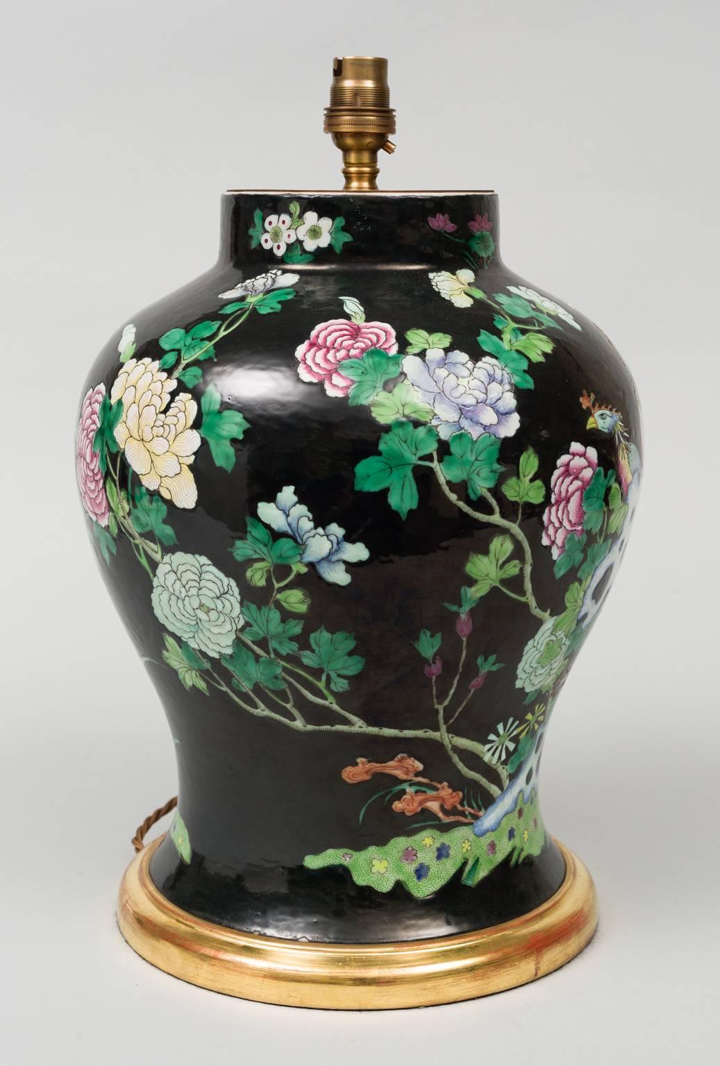 Chinese Export Chinese Famille Noire Vase Lamp For Sale