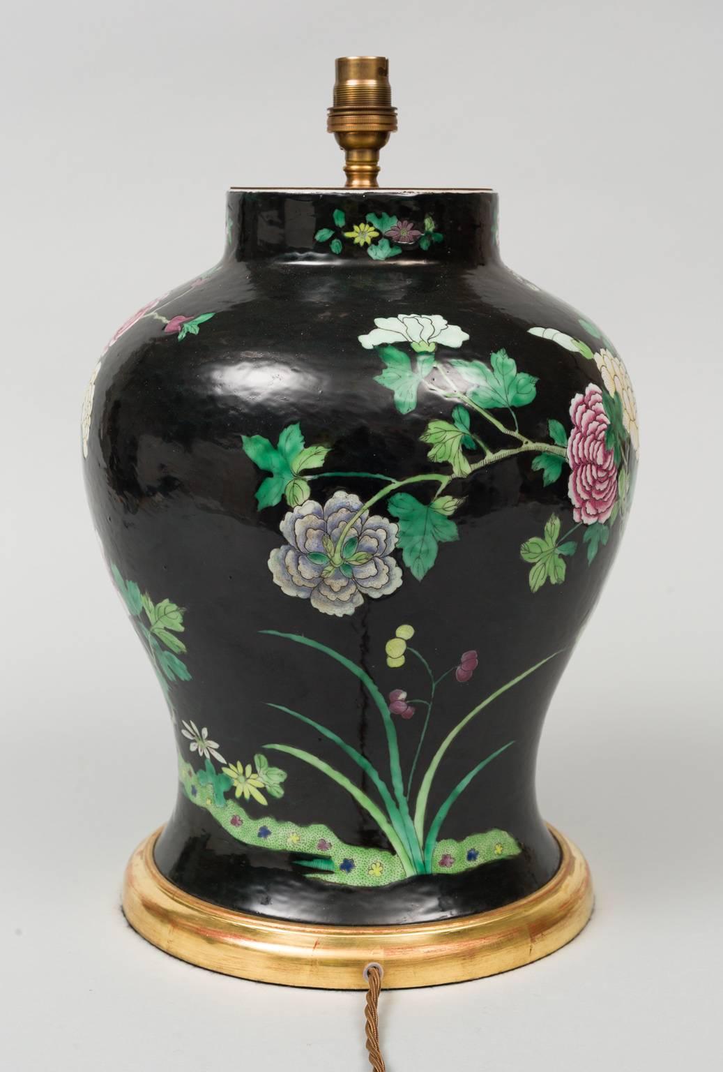 Glazed Chinese Famille Noire Vase Lamp For Sale