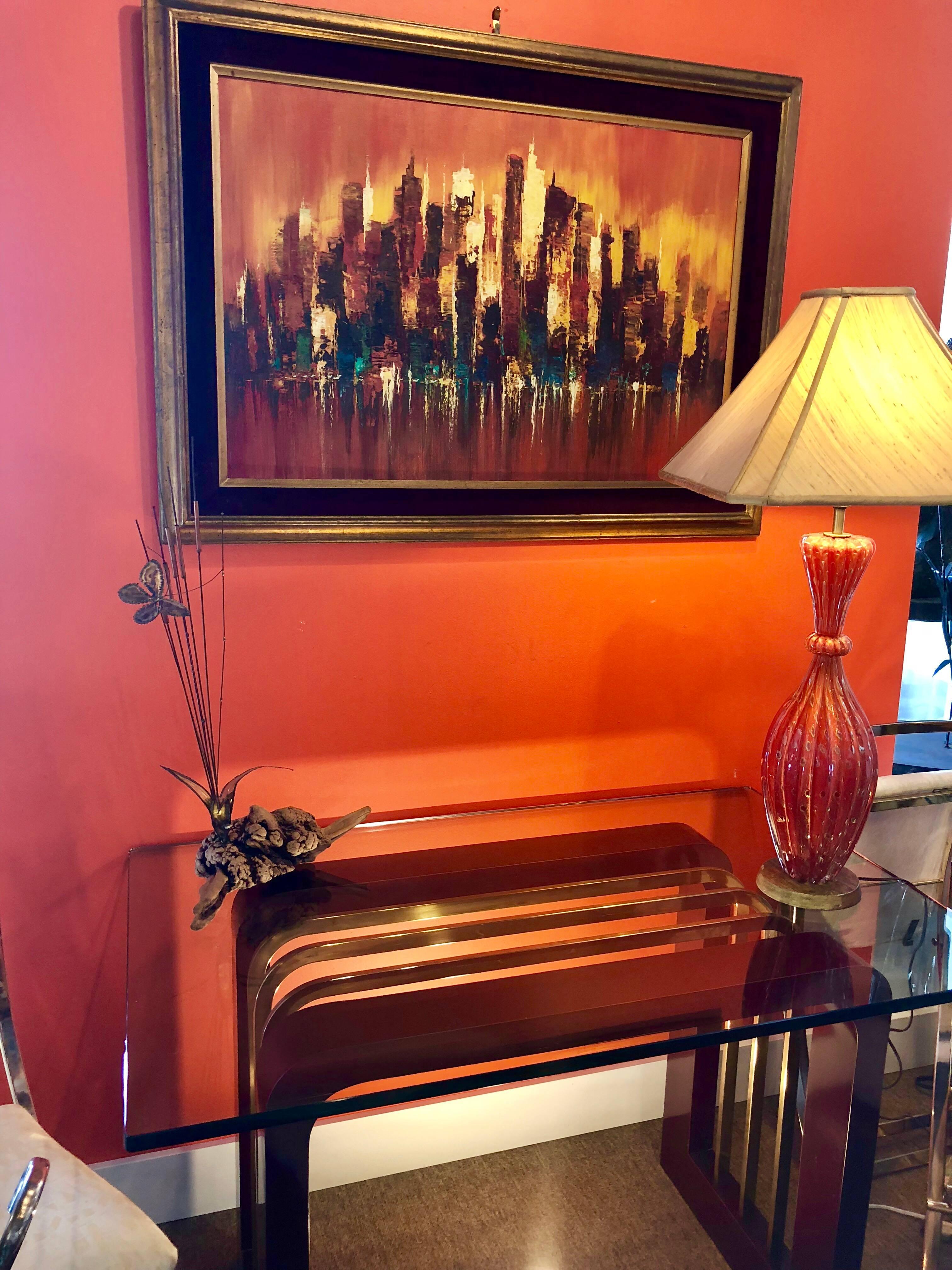 1970' Burgundy High Gloss Formica and Brass Dining Table or Desk  In Good Condition In Miami, FL