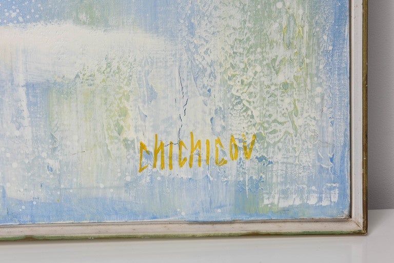 Chichicov was a European impressionist of the mid-20th century.
Large and beautiful oil painting by Chichicov featuring cockatoos perched among daisies. Prominently signed 
