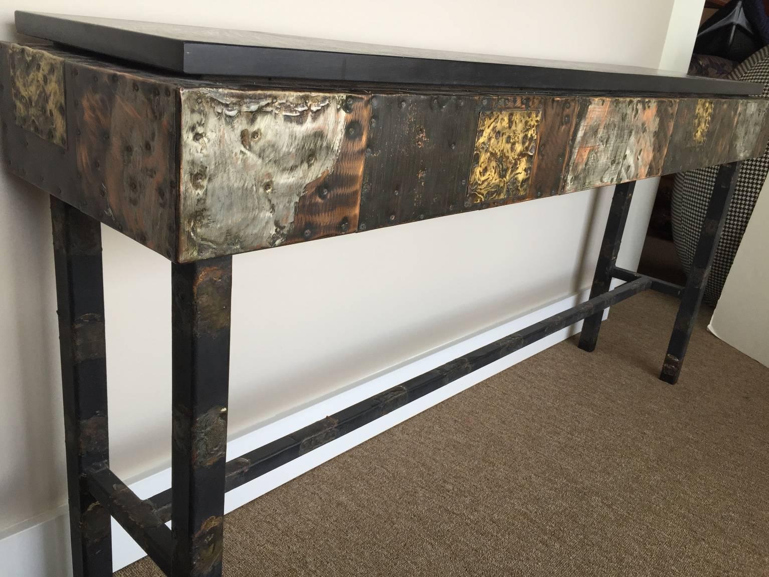 Mid-Century Modern Paul Evans Brutalist Metal Patchwork Console Table and Mirror, Directional 1970s
