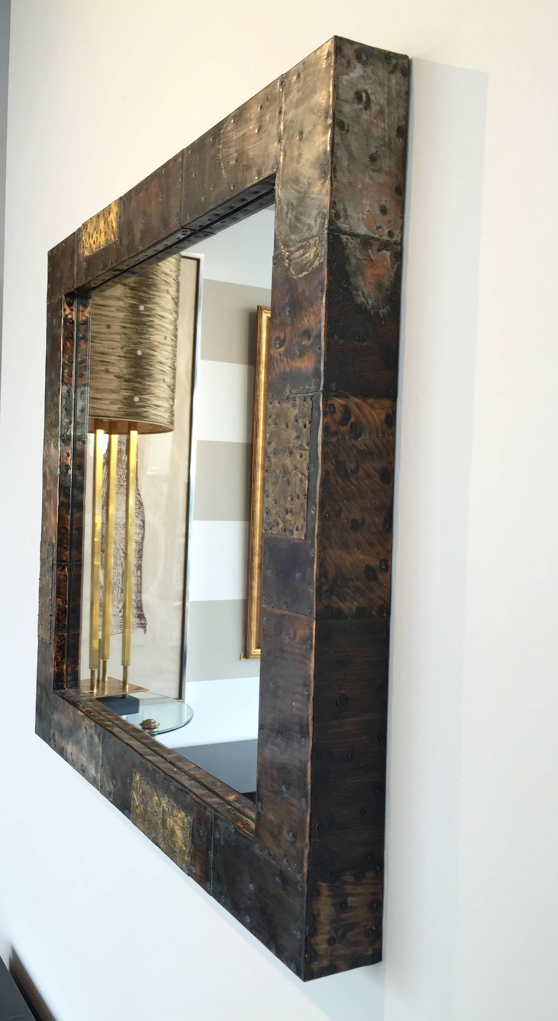 Paul Evans Brutalist Metal Patchwork Console Table and Mirror, Directional 1970s 2