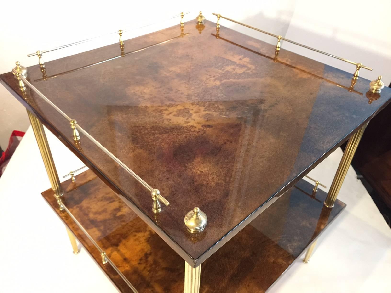 Mid-Century Modern Amber Resine Goatskin and Brass Two-Tiers Side Table by Aldo Tura, Italy