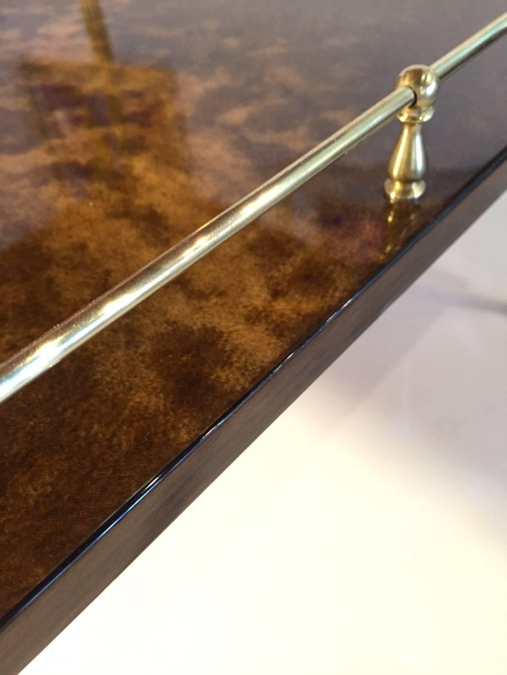 Italian Amber Resine Goatskin and Brass Two-Tiers Side Table by Aldo Tura, Italy