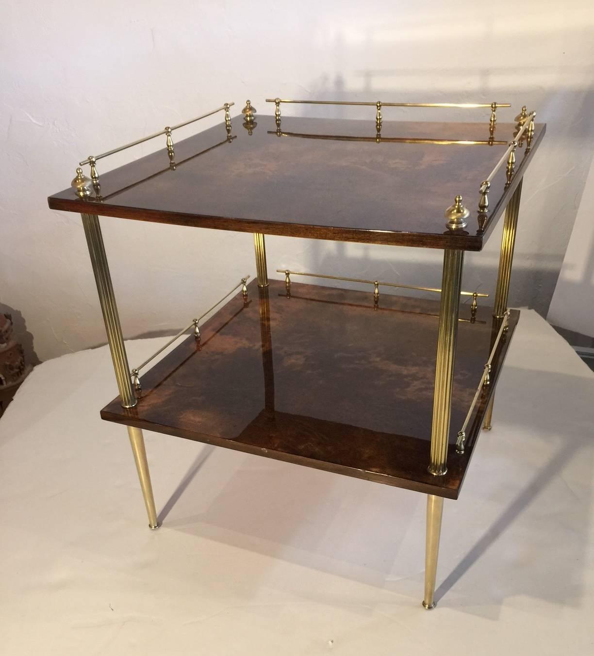 Amber Resine Goatskin and Brass Two-Tiers Side Table by Aldo Tura, Italy 2