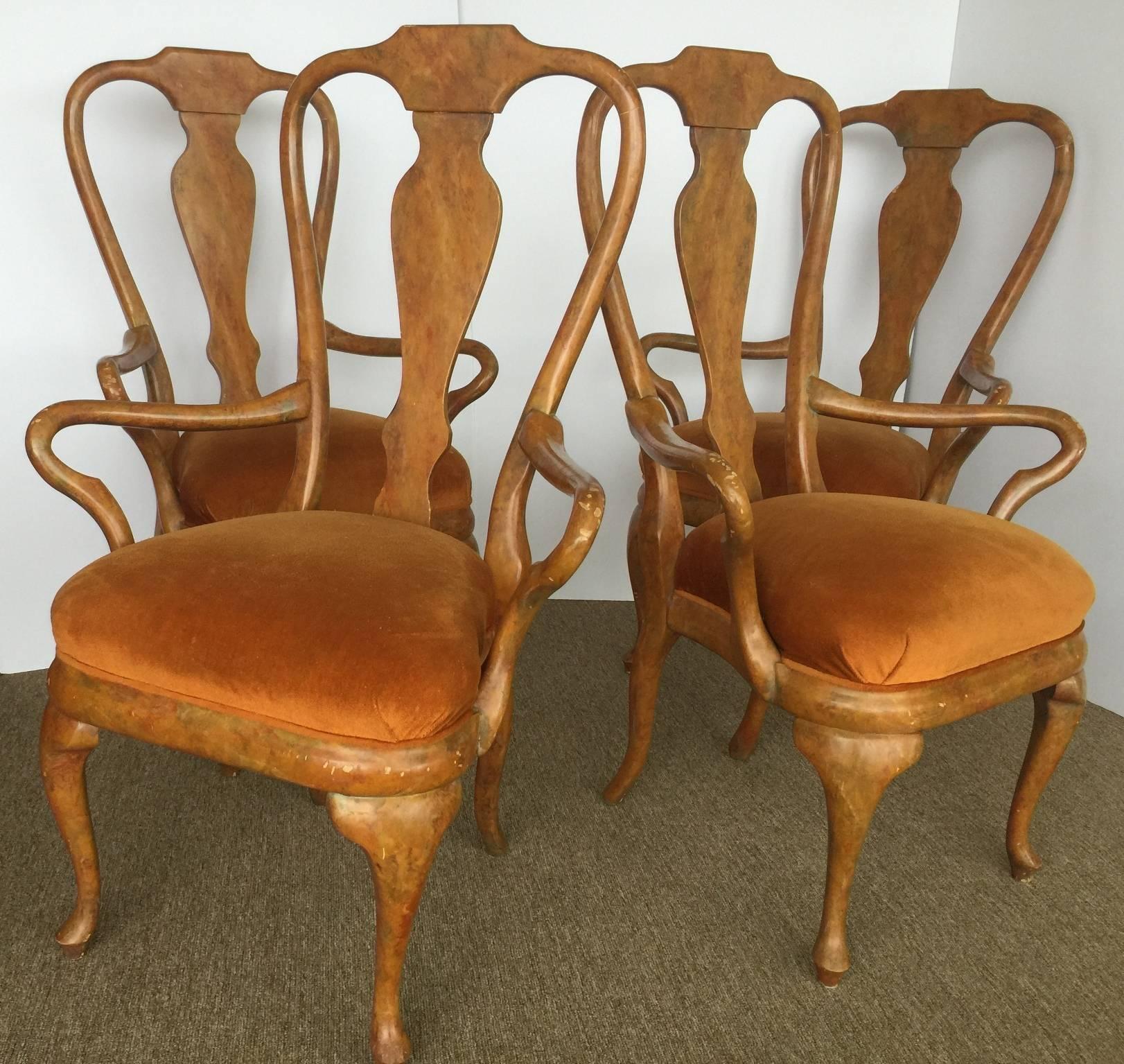 This set of four Oil-Drop lacquered Queen Anne armchairs are classic and beautiful Phyllis Morris Originals. The original label is attached under the seats. Morris’s designs have been described accurately as “Alice in Wonderland meets Queen Anne.” A