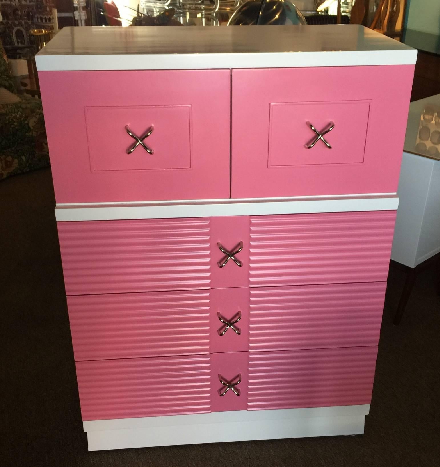 Lacquer Mid-Century Pink and White Tall Chest of Drawers Dresser by Martinsville For Sale