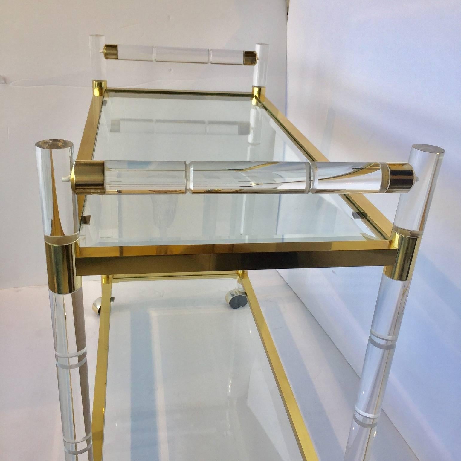 1970s Charles Hollis Jones Style Hollywood Regency Brass and Lucite Serving Cart 2