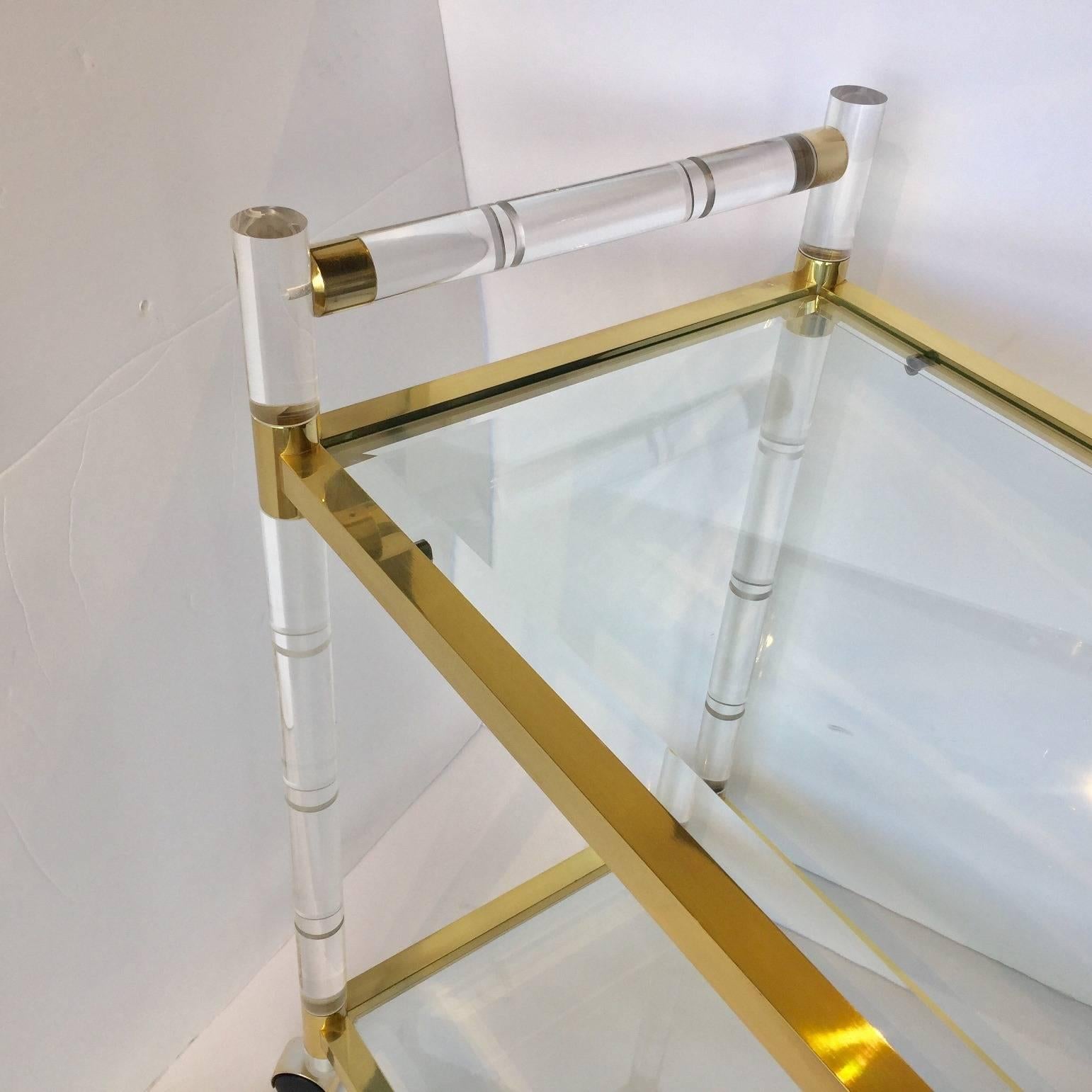 American 1970s Charles Hollis Jones Style Hollywood Regency Brass and Lucite Serving Cart