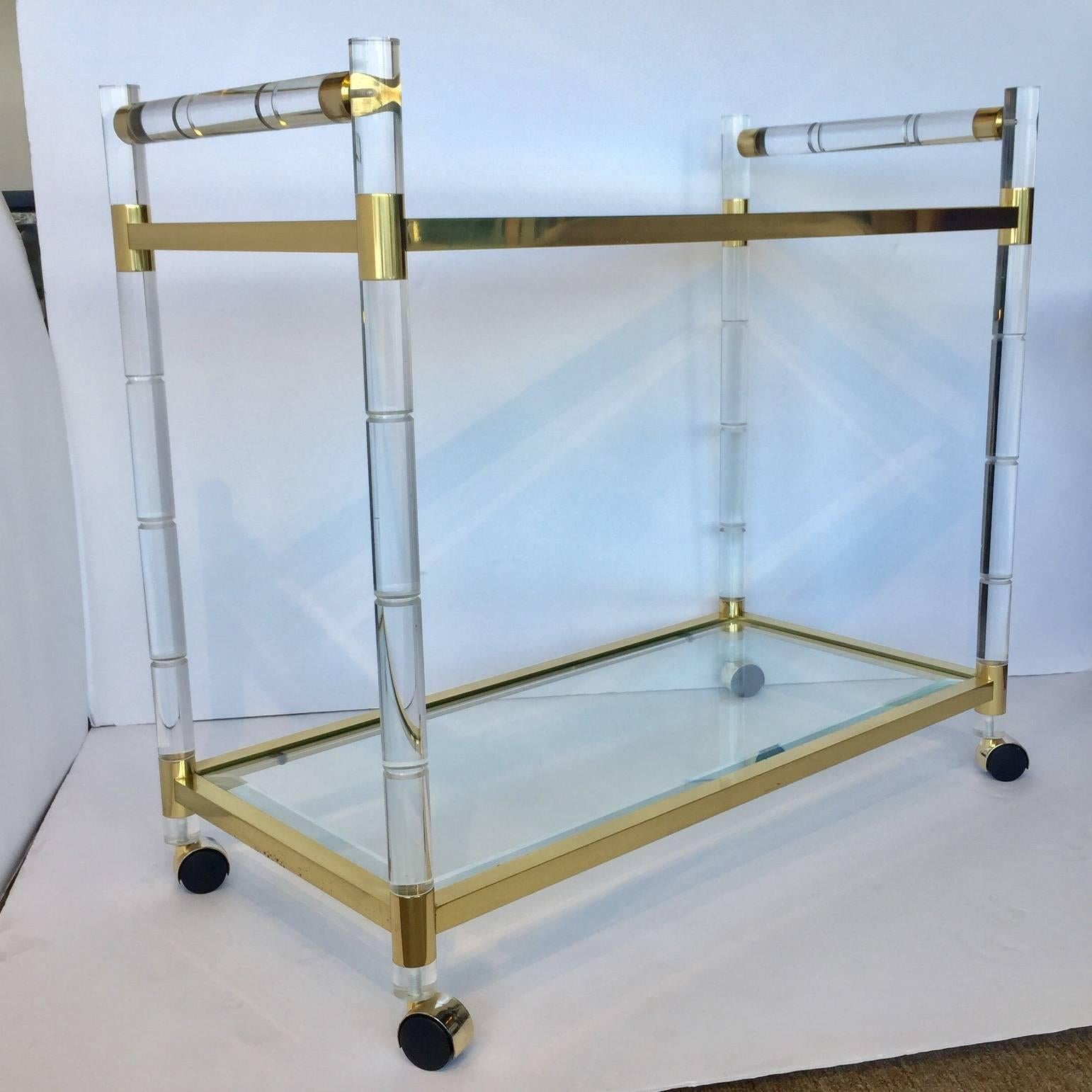 1970s Charles Hollis Jones Style Hollywood Regency Brass and Lucite Serving Cart 1