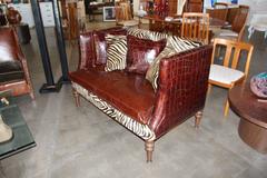 Old Hickory Tannery Croc Grained Zebra Pattern Horsehide Loveseat Settee