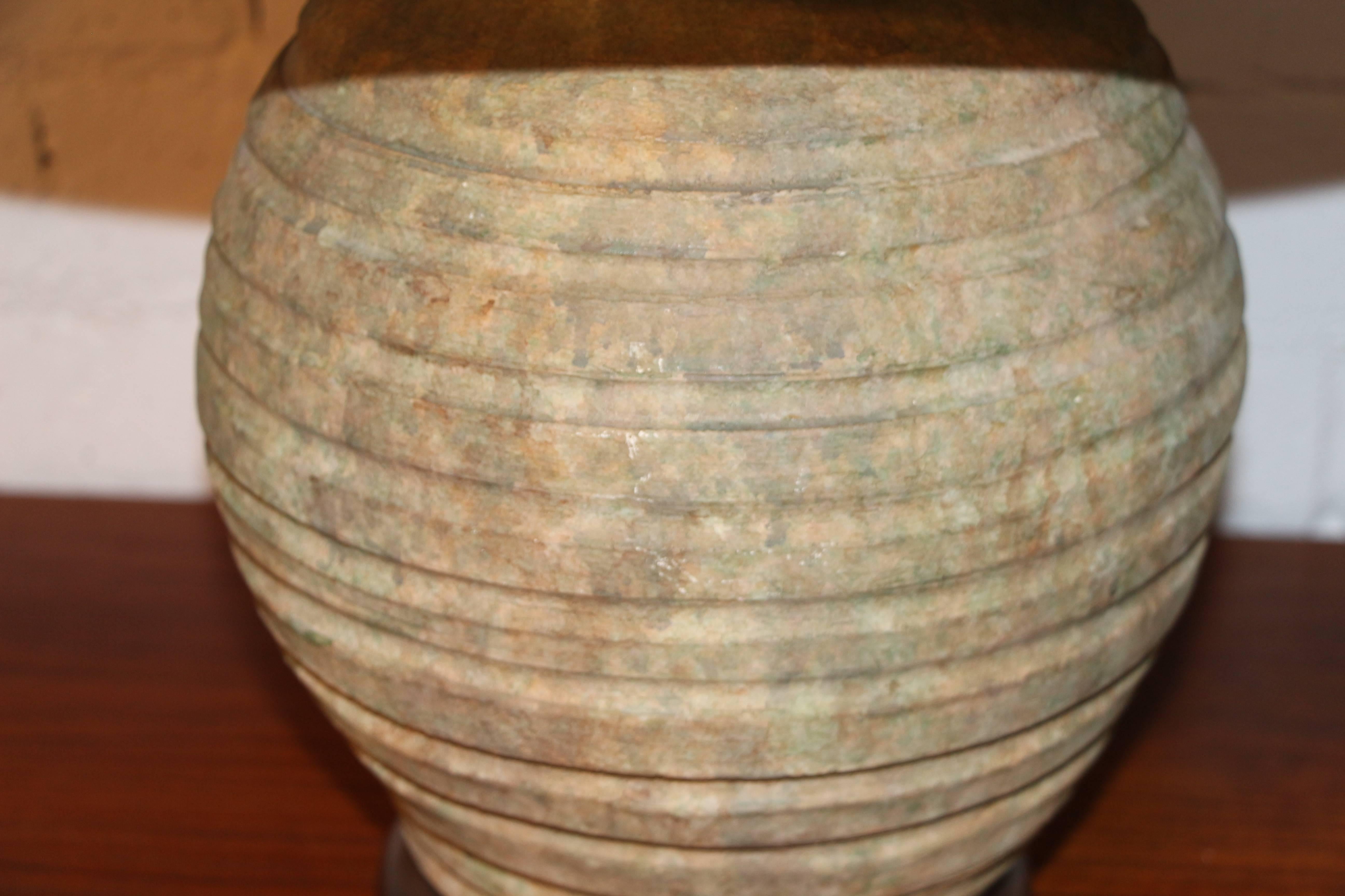 American Pair of Ribbed Stone Ware Pottery Lamps
