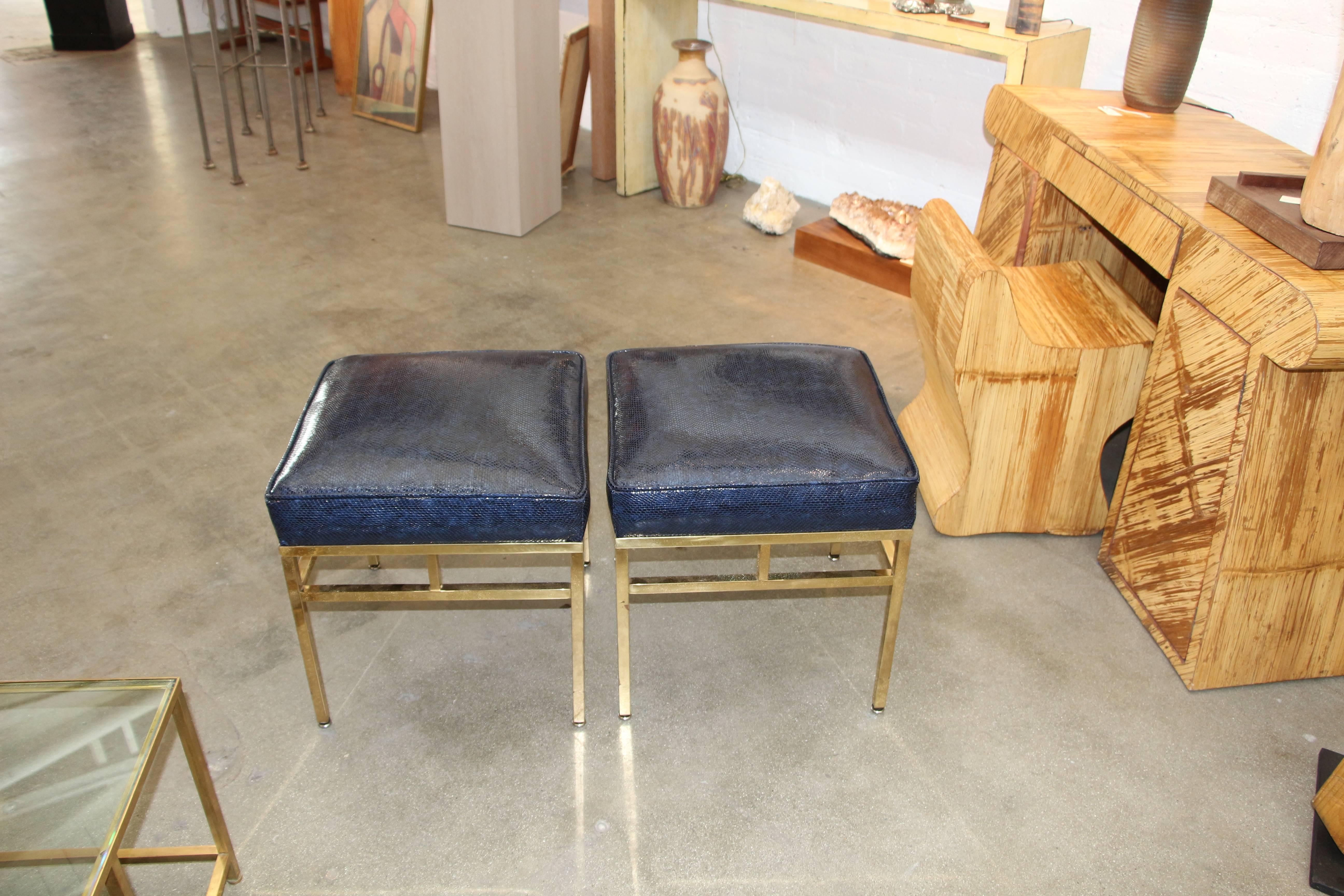 Modern Faux Lizard or Snake Leather Topped Brass Ottomans