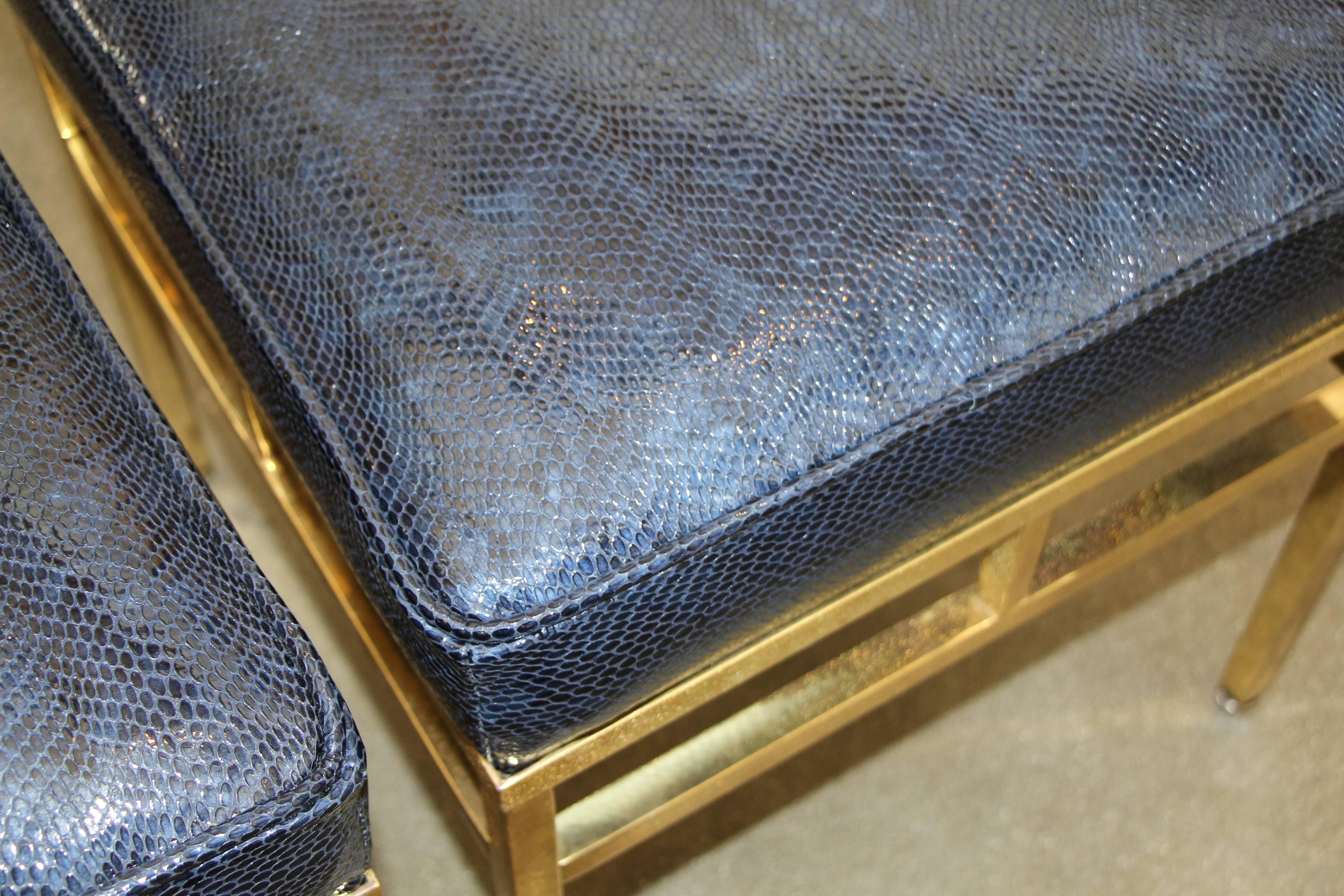 20th Century Faux Lizard or Snake Leather Topped Brass Ottomans