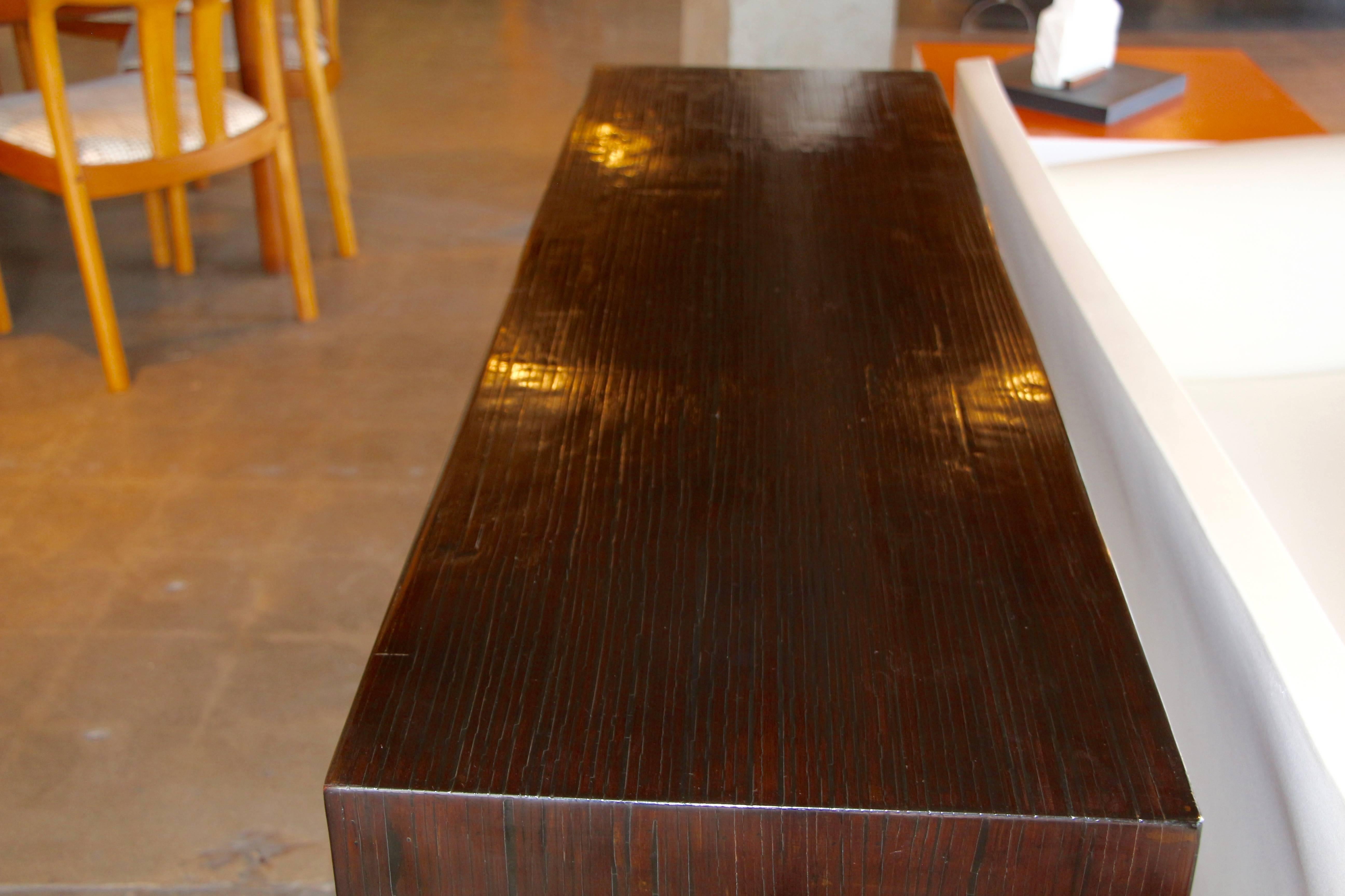 Beautifully Grained Brown Console probably bamboo veneered For Sale 3