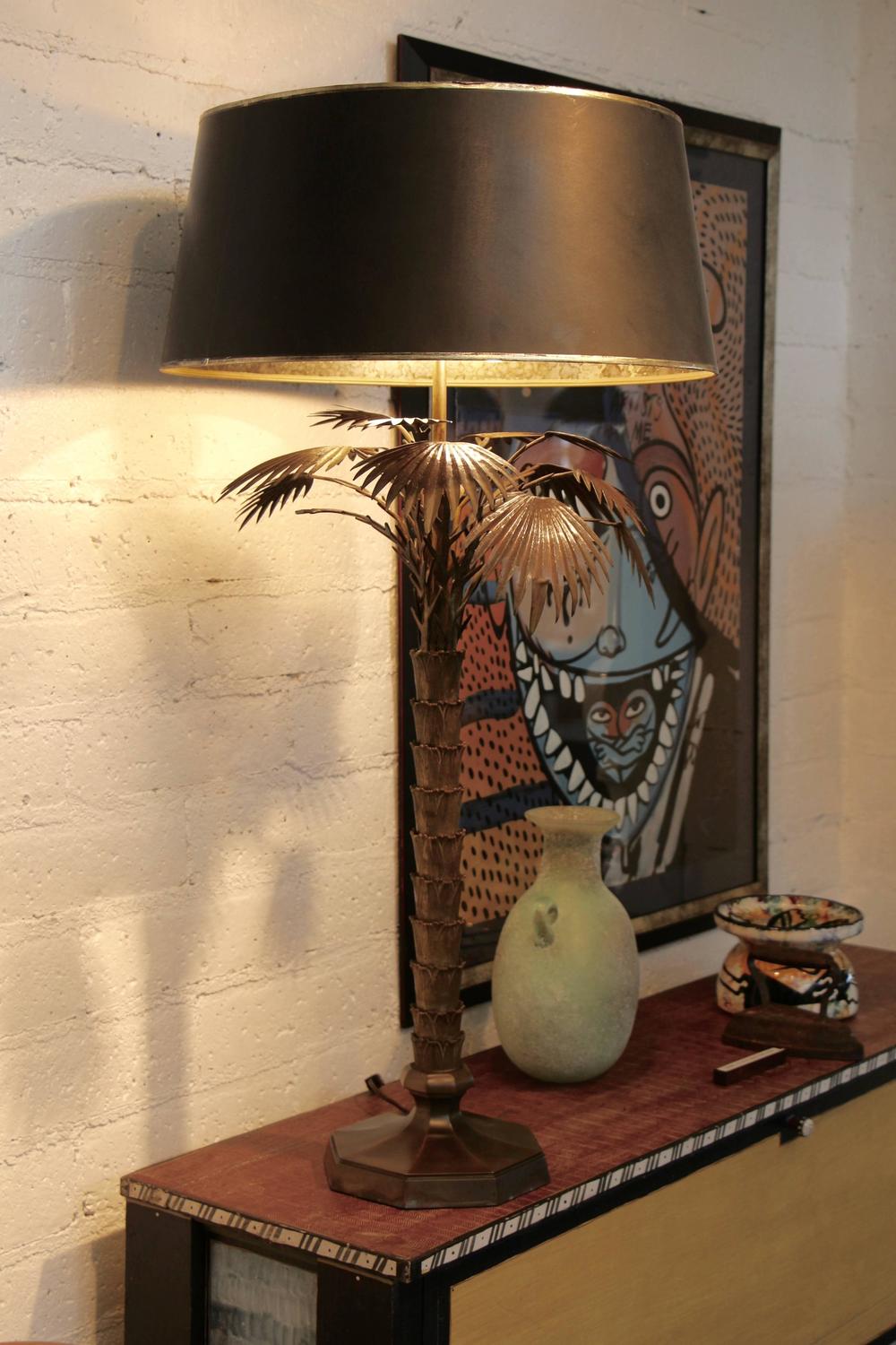Bronze or Brass Palm Tree Lamp with Original Shade For Sale at 1stdibs