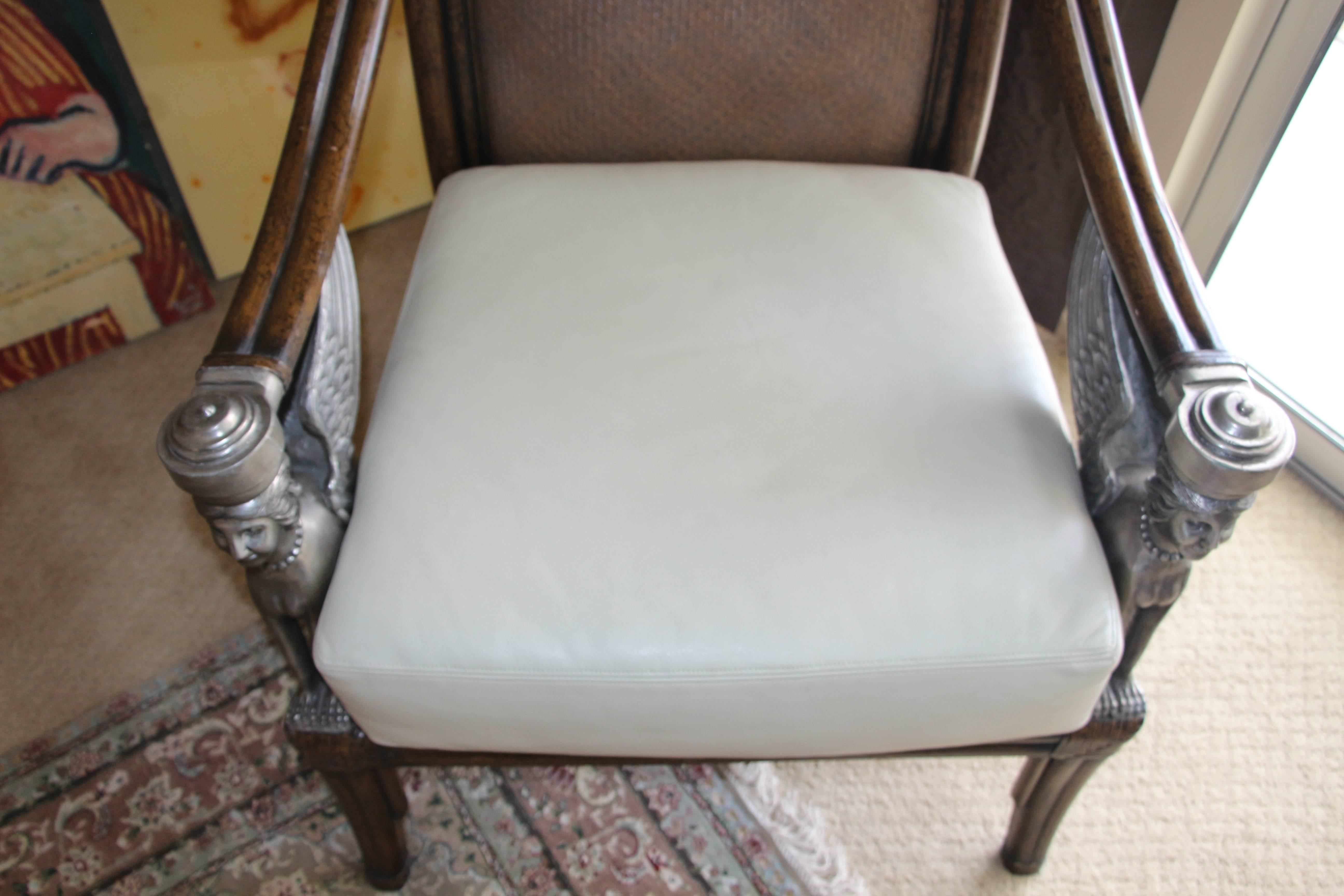 20th Century Egyptian Revival Cane and Leather Armchair with Sphinx Arms