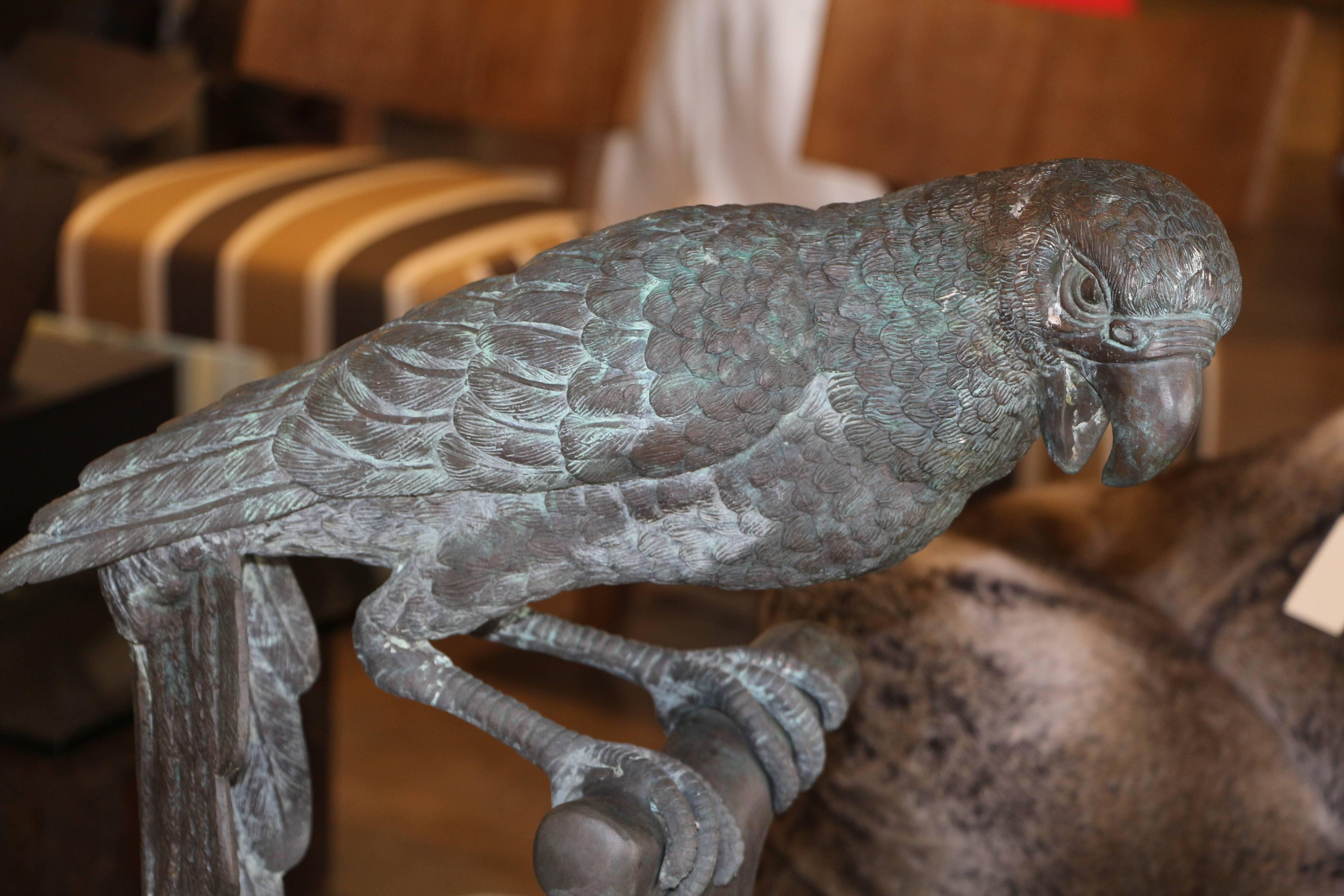 A nice older casting of a bronze parrot on a stand with excellent detail and crisp details. The patina has developed wonderfully as it was used outdoors. This particular casting probably dates to the 1970s based on the estate records, although a