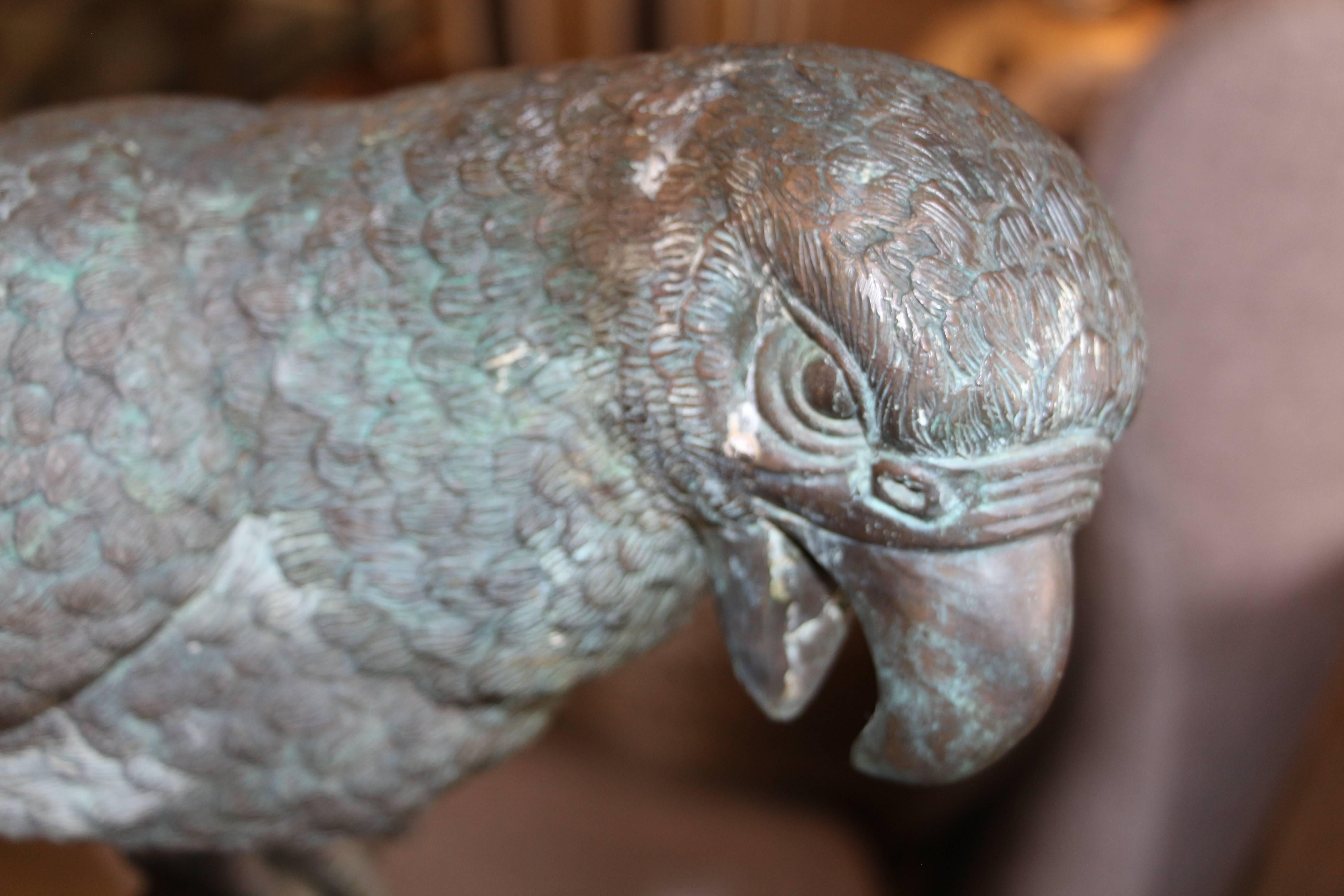 20th Century Great Bronze Parrot on a Stand with Excellent Patina from Outdoor Use