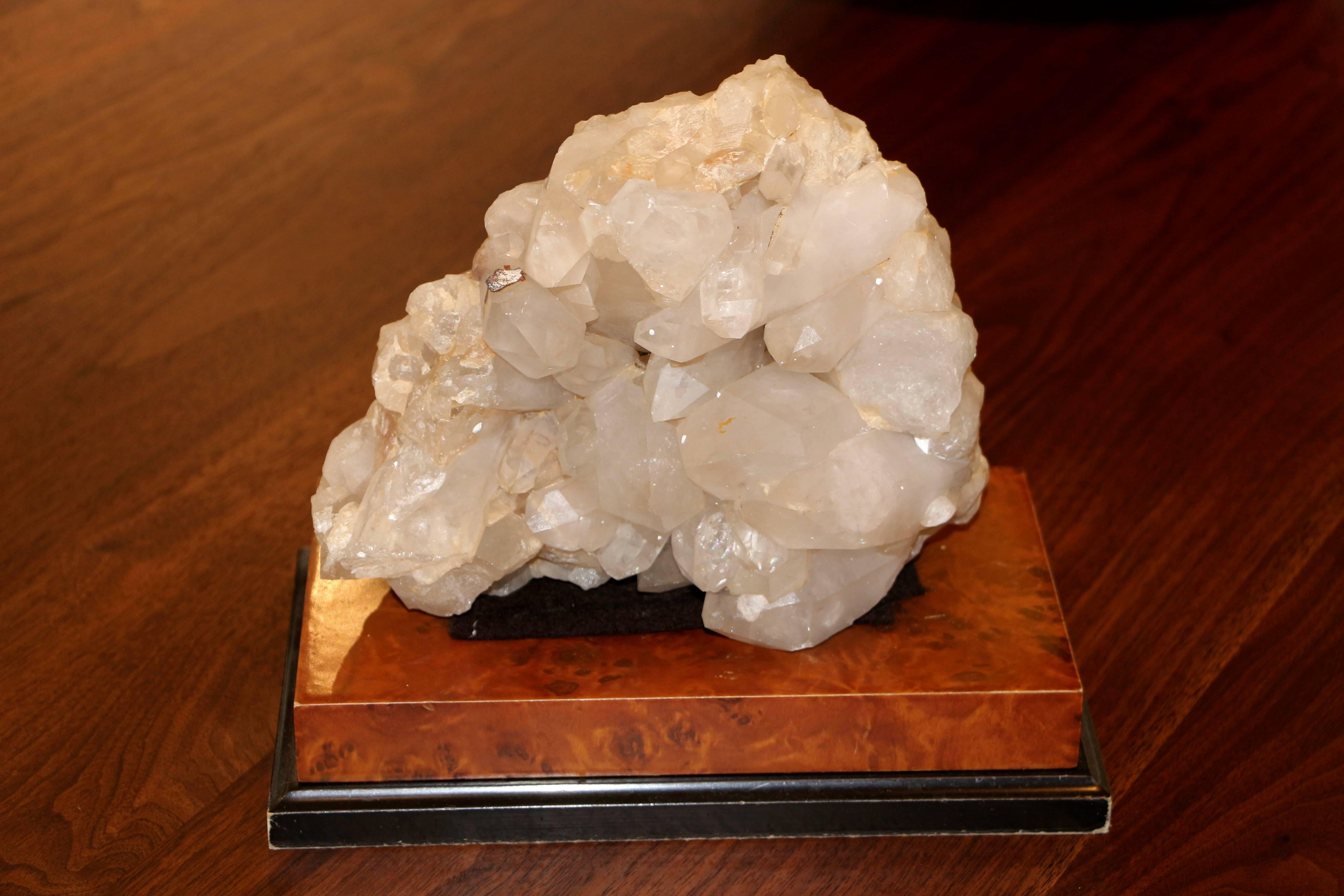 American Large Quartz Crystal Specimen on a Separate Leather Covered Wood Base For Sale