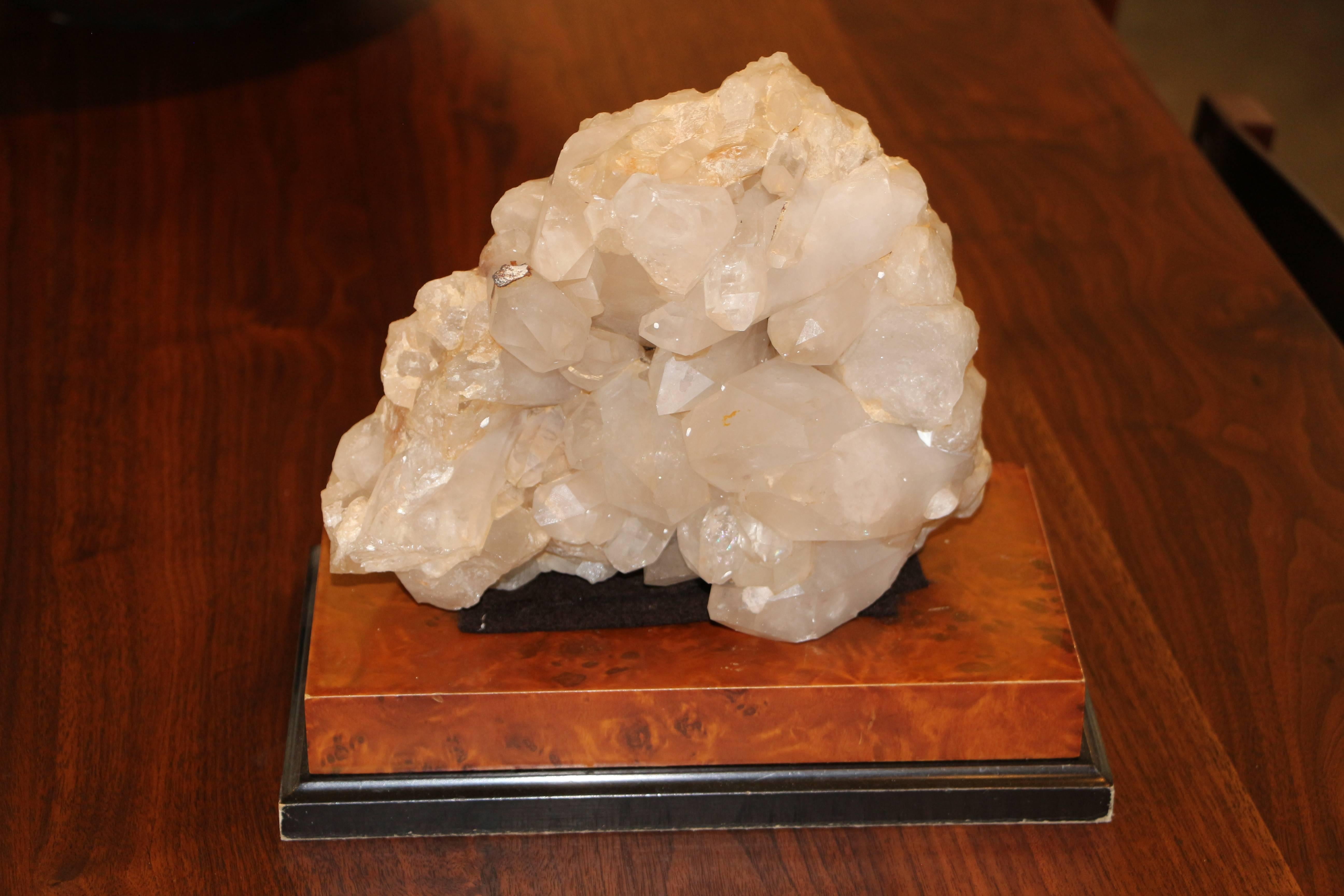 Large Quartz Crystal Specimen on a Separate Leather Covered Wood Base In Good Condition For Sale In Palm Springs, CA