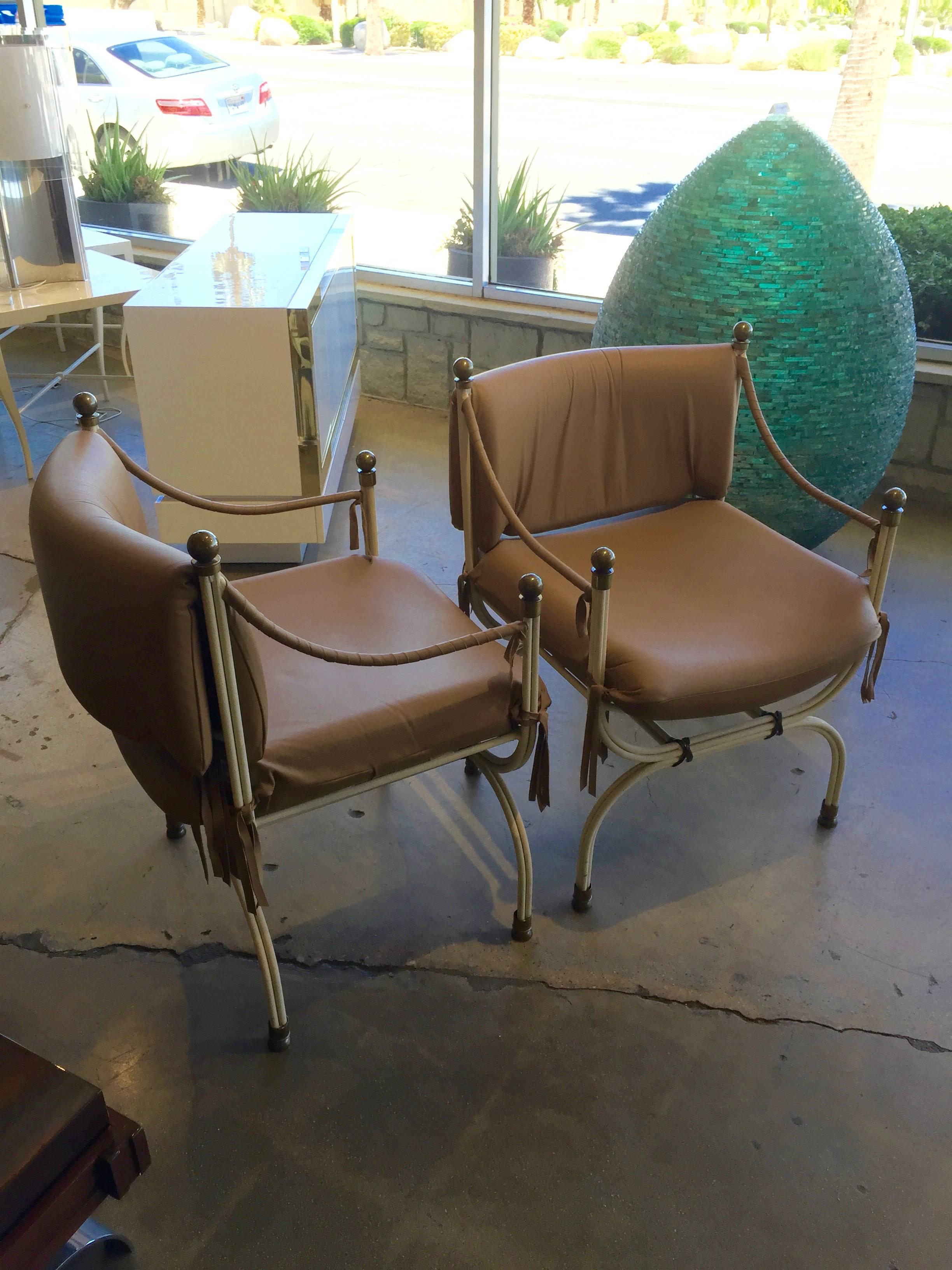 Leather Wrapped Iron and Bronze Campaign Chairs 3