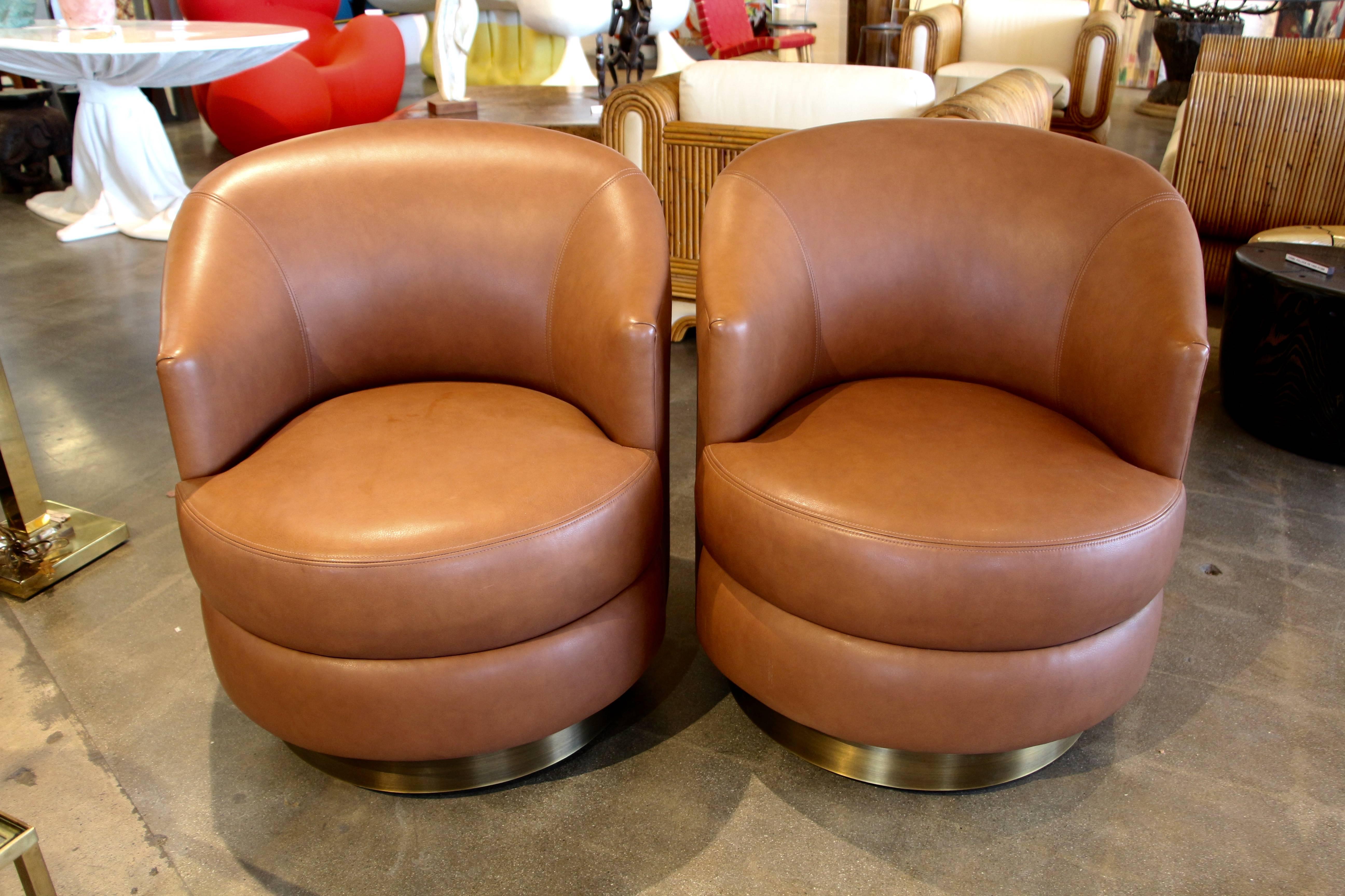American A. Rudin Leather Swivel Chairs with Brass Base Ordered by Steve Chase