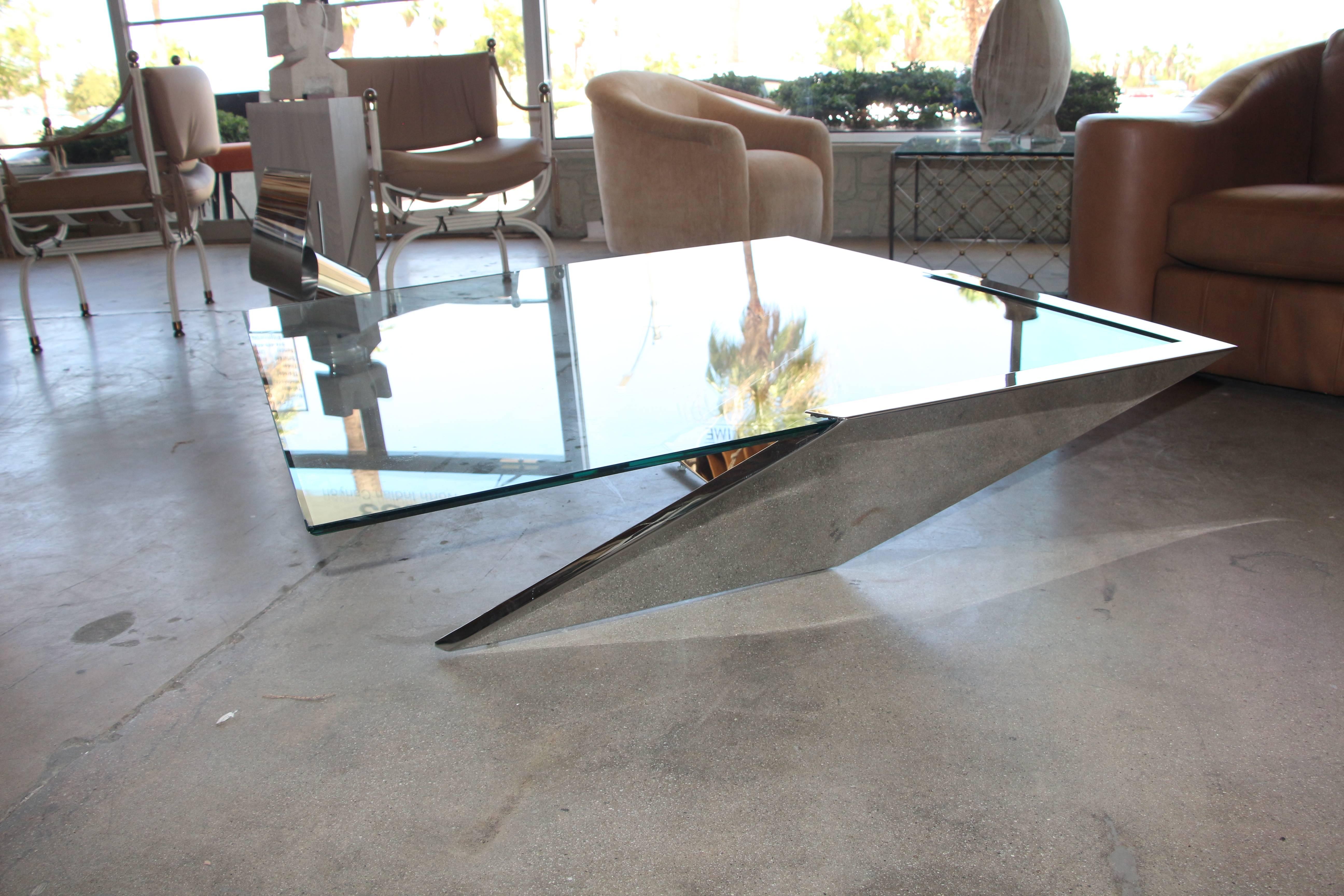 Brueton SMT Glass and Polished Steel Cantilevered Coffee Table In Good Condition In Palm Springs, CA