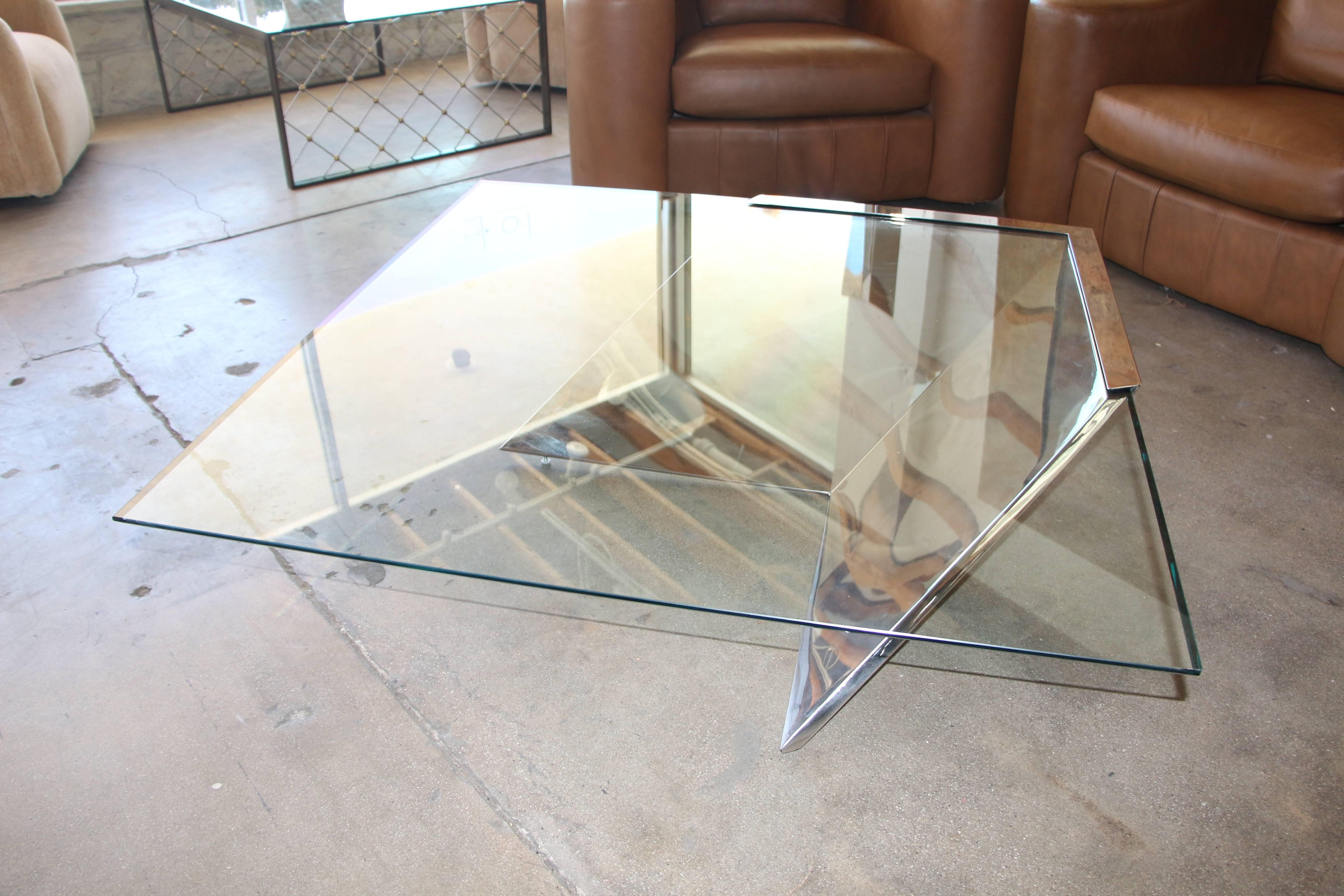 20th Century Brueton SMT Glass and Polished Steel Cantilevered Coffee Table