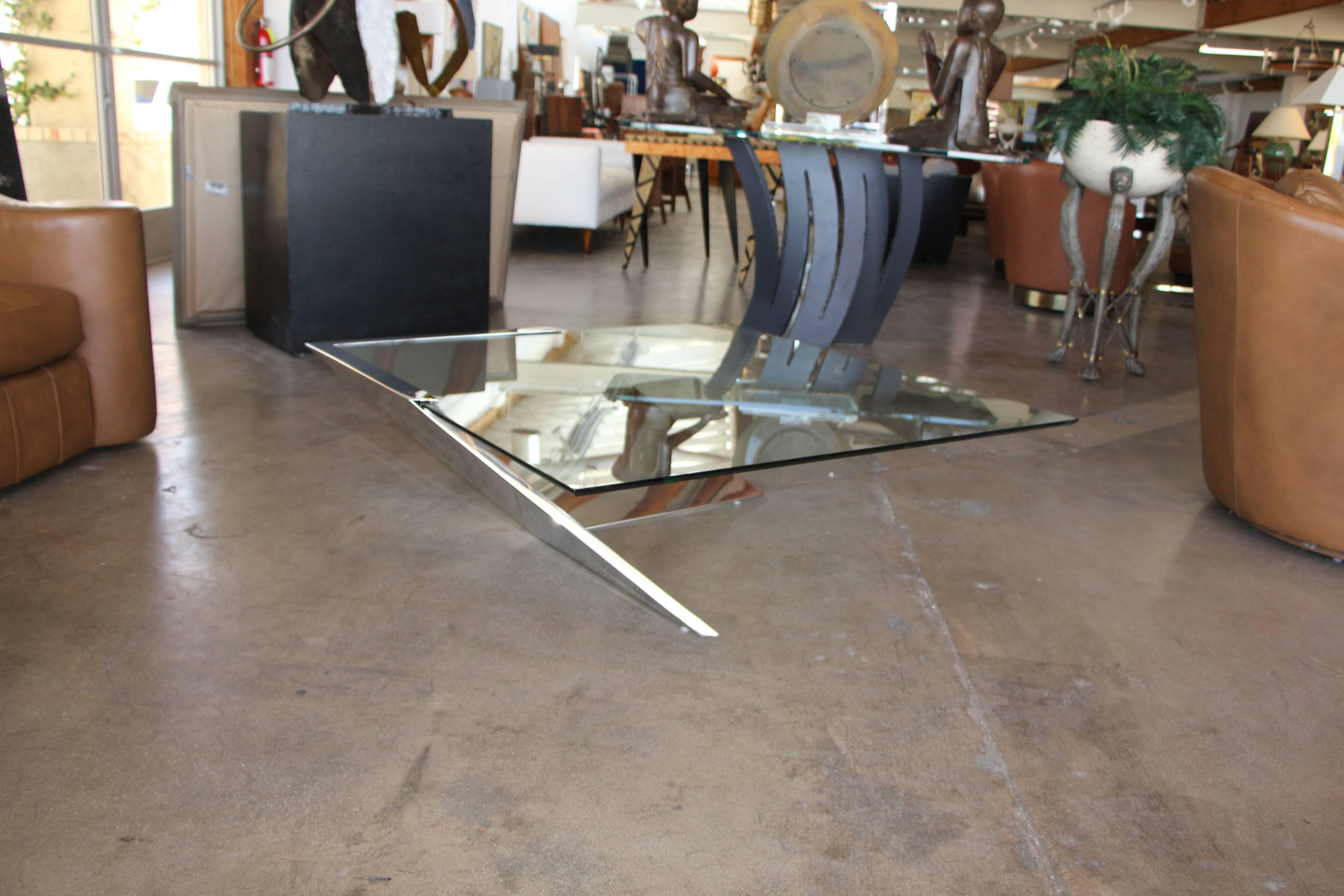 American Brueton SMT Glass and Polished Steel Cantilevered Coffee Table