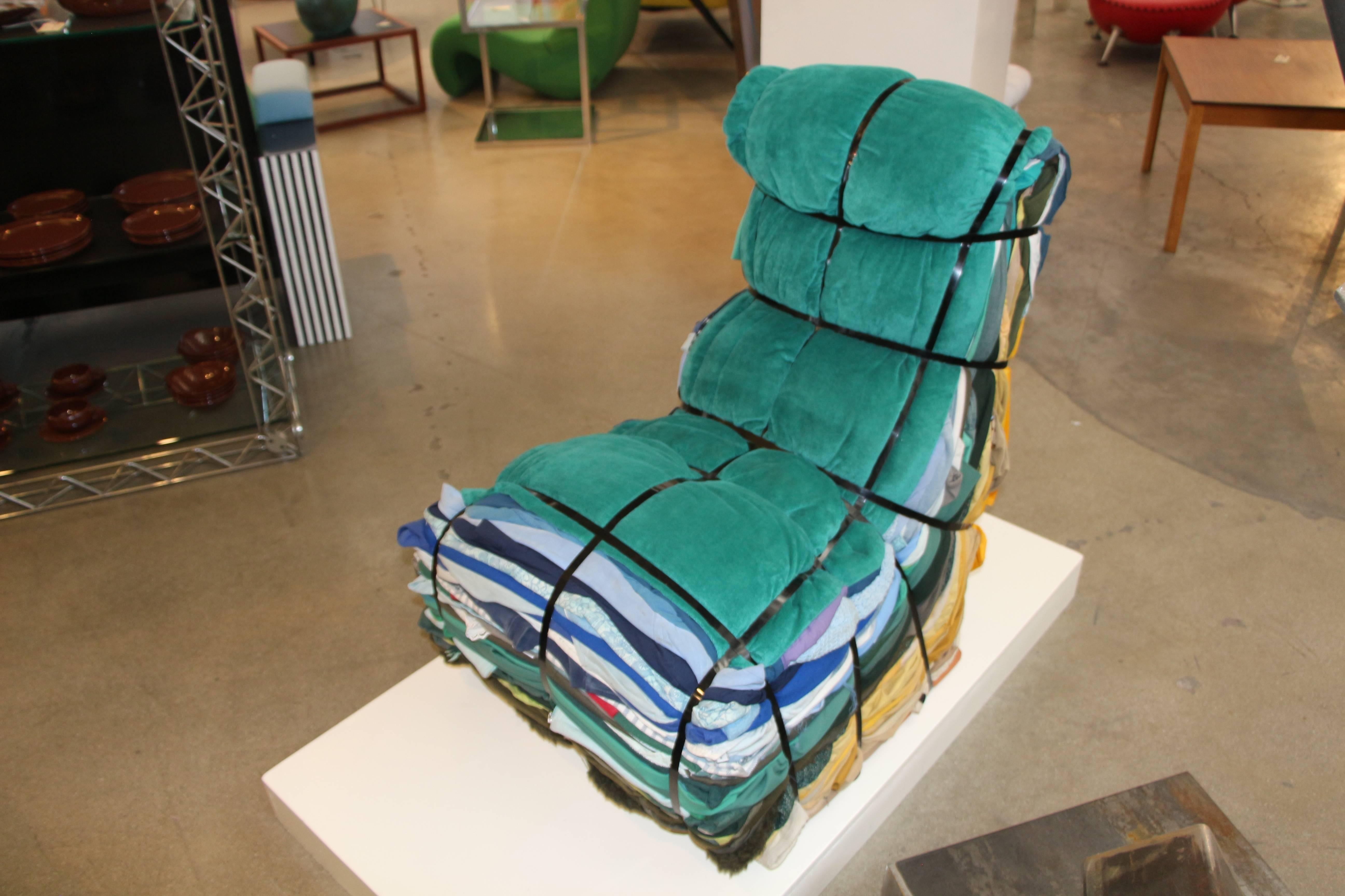 A most unusual chair is this 1990s version of Tejo Remy's iconic rag chair from Droog. This is not a contemporary piece having been purchased in the early 1990s. Great colors used in the selection of fabric. An iconic design sure to endure.
Please