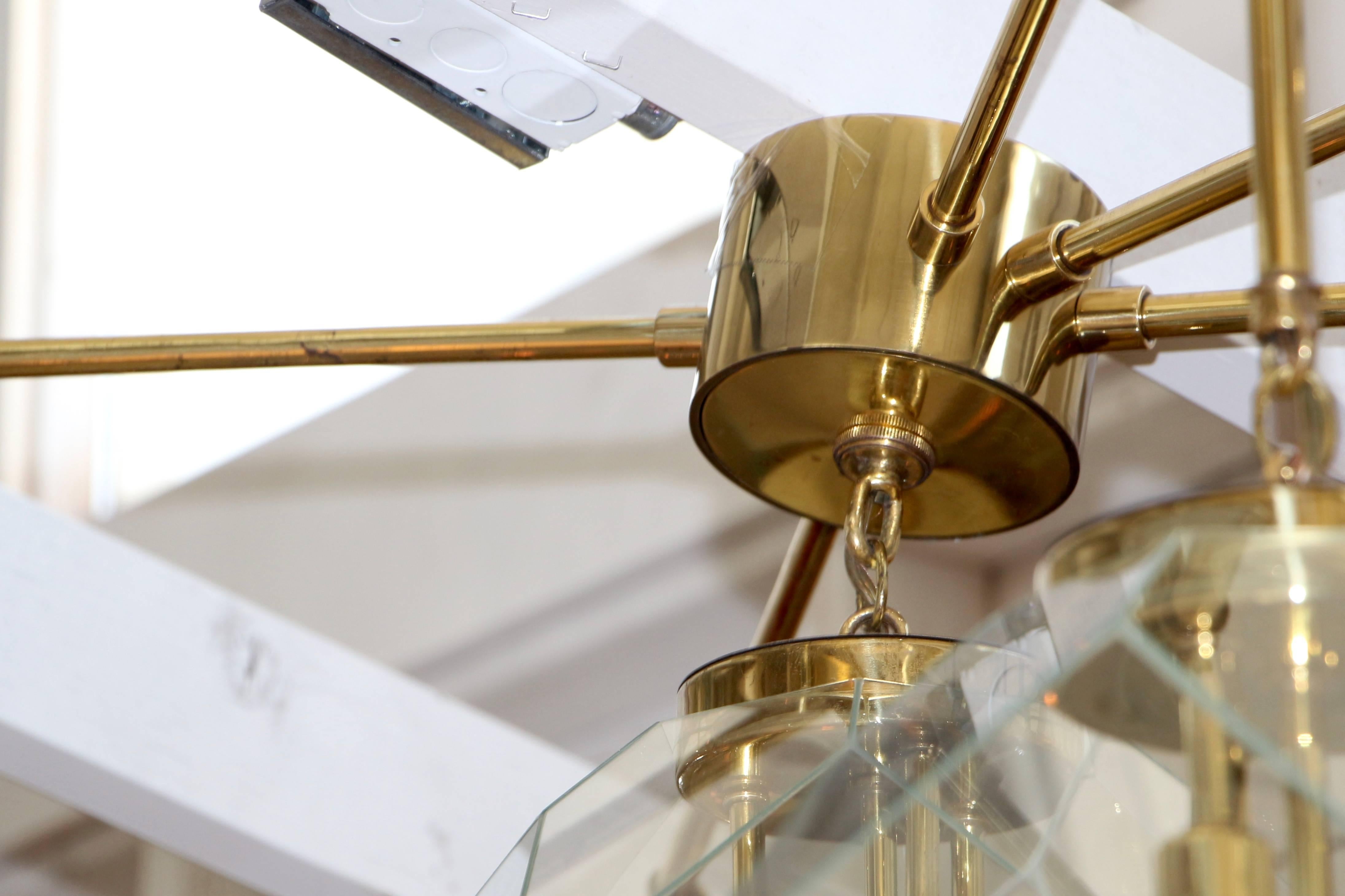 American Custom-Made Morrison Lighting Brass Chandelier with Faceted Geometric Glass