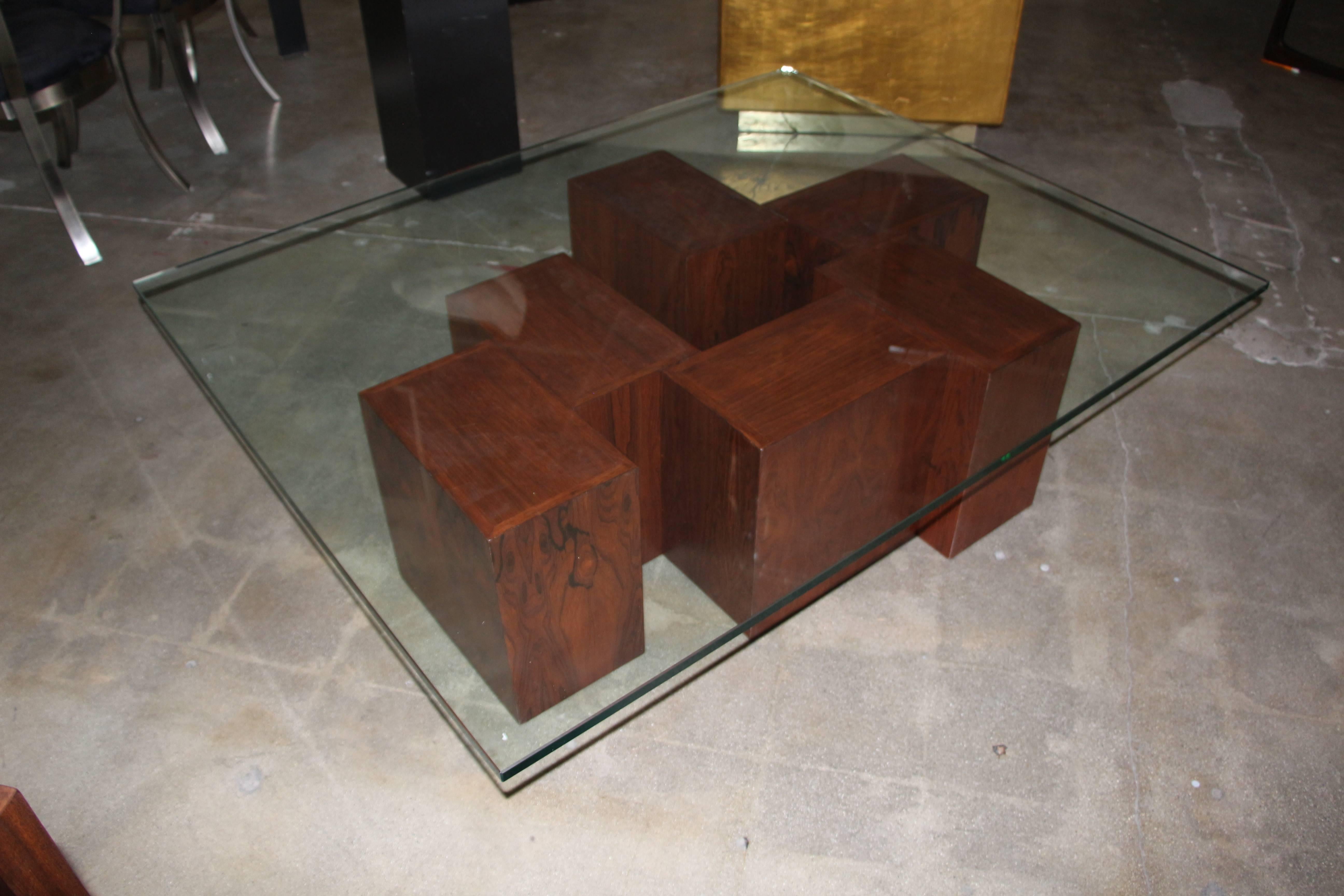 Unknown Stunning Rosewood Cube Coffee Table with Glass Top