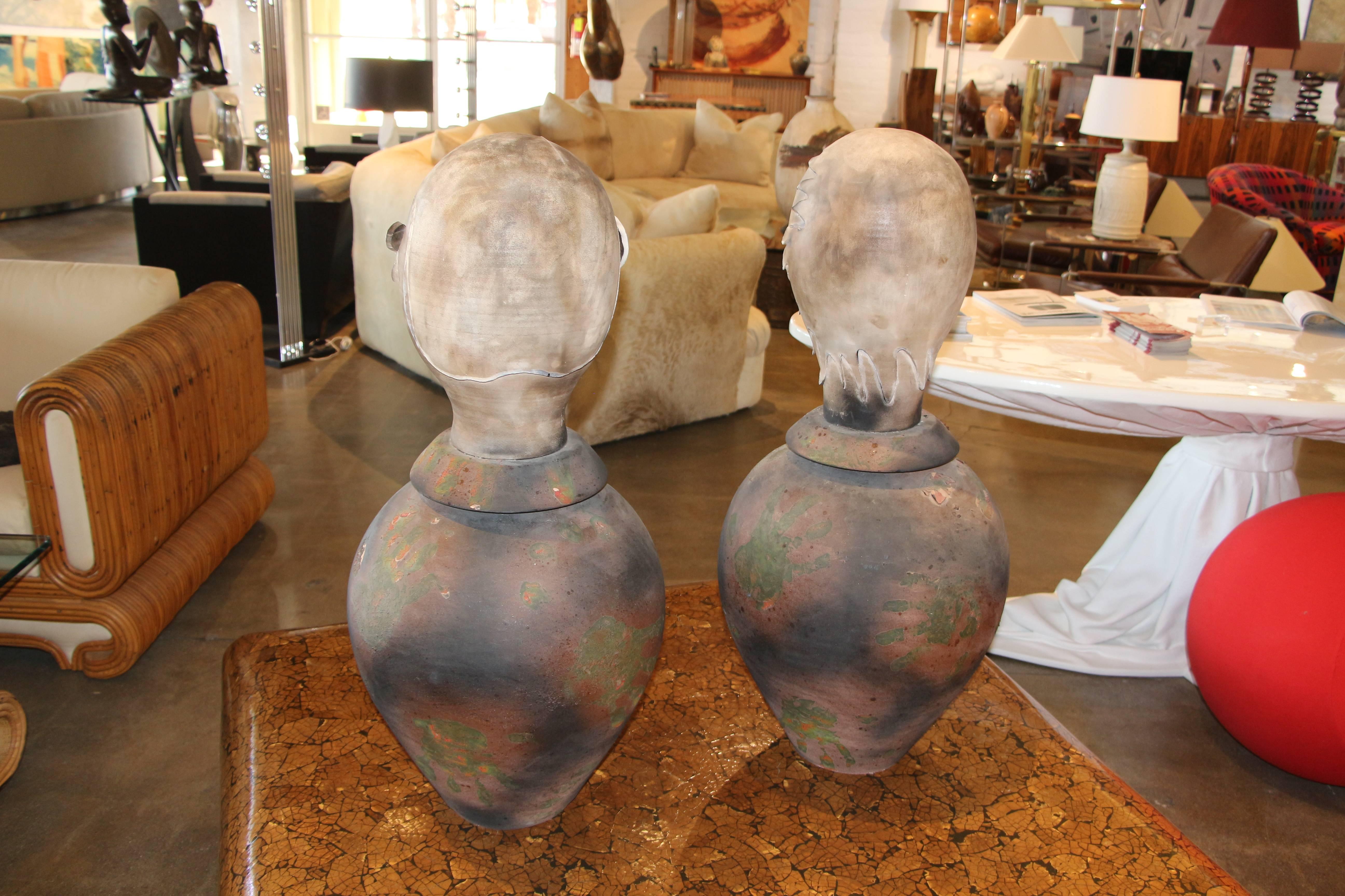 Spectacular Large Raku Pottery Vases with Busts as Tops In Good Condition In Palm Springs, CA