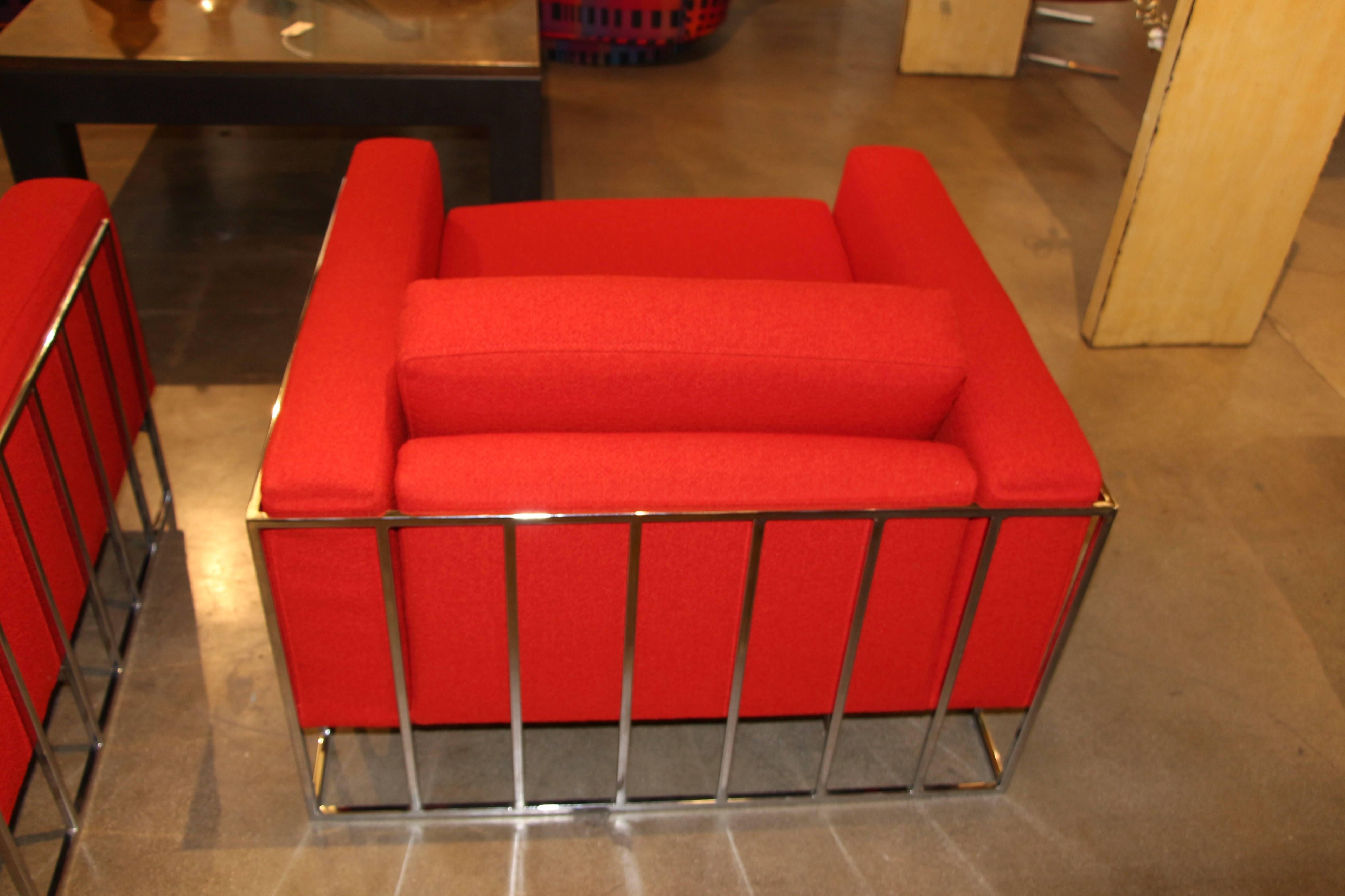 Mid-Century Modern Rare Milo Baughman Chromed Steel Cube Chairs in New Knoll Fabric