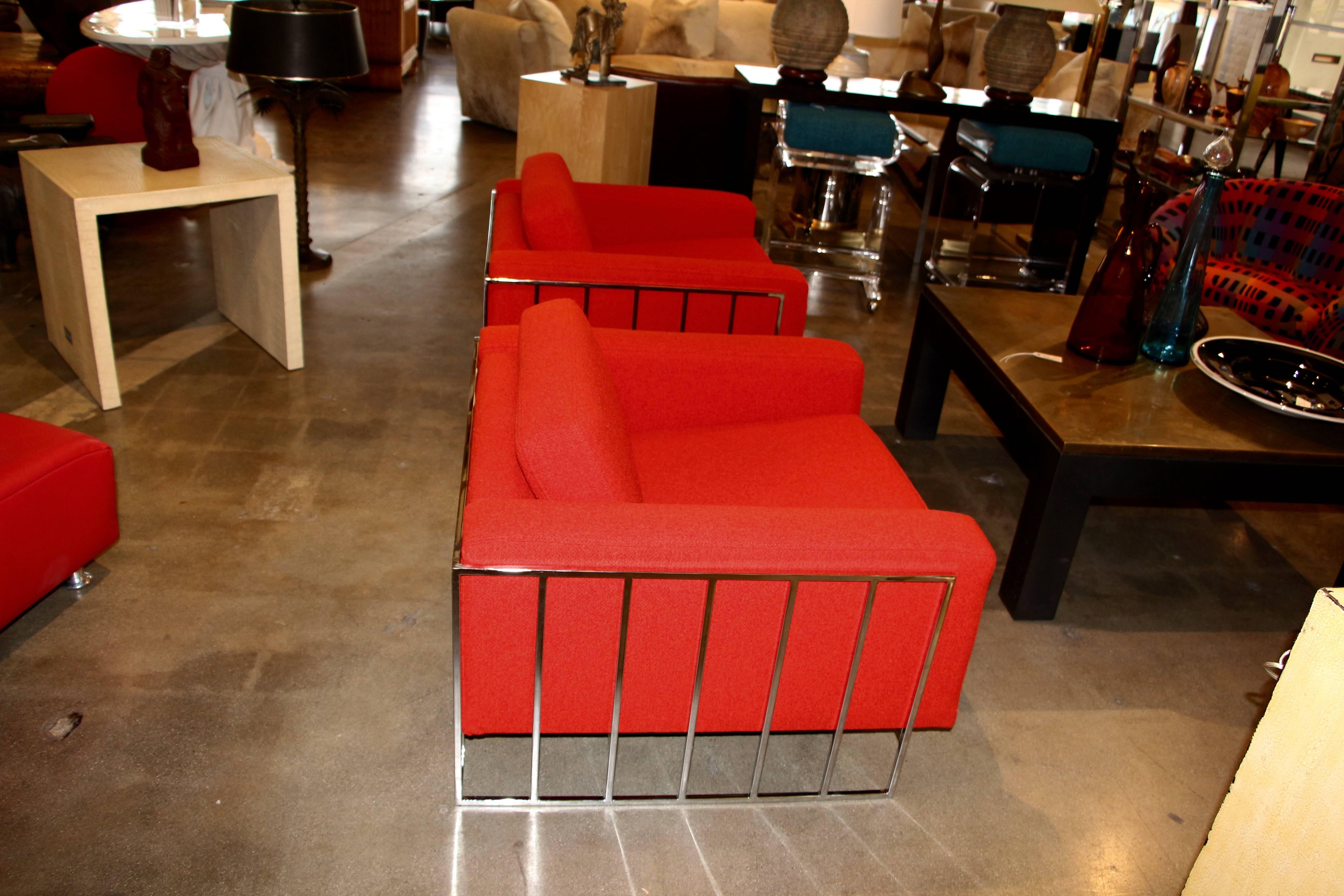 Rare Milo Baughman Chromed Steel Cube Chairs in New Knoll Fabric In Good Condition In Palm Springs, CA