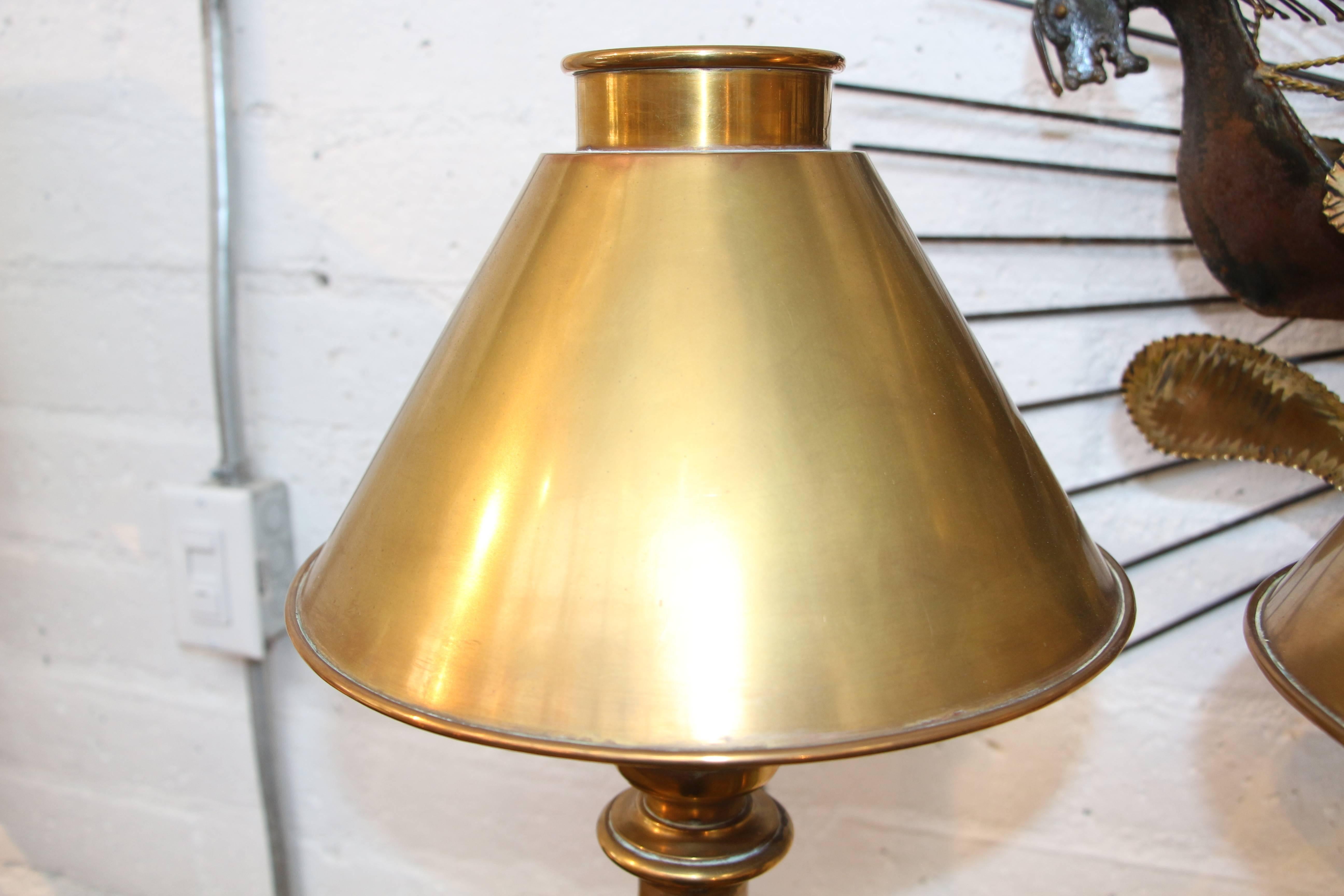 Late 20th Century Nice Pair of Vintage 1983 Heavy Brass Chapman Lamps with Brass Shades