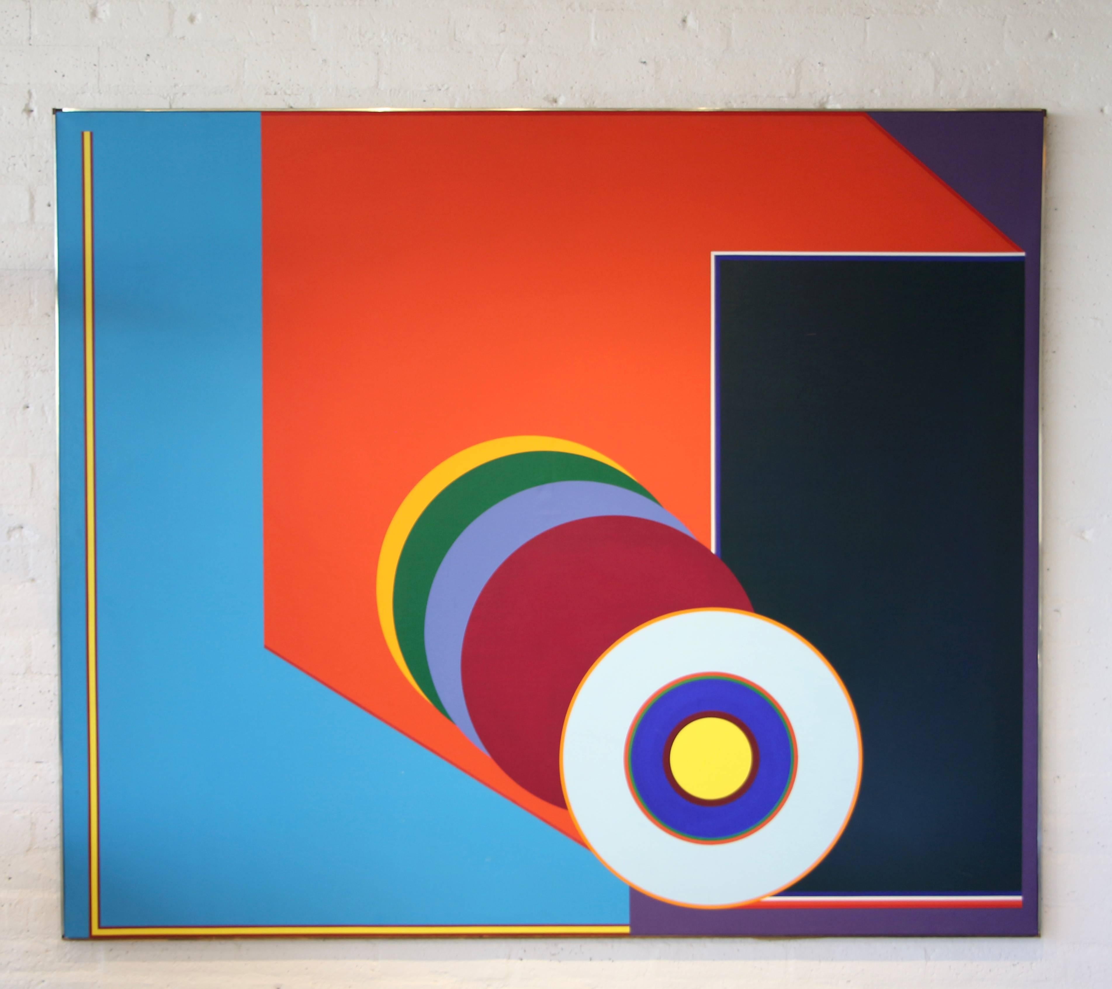 A colorful vibrant large abstract by the Massachusetts born artist James L Huntington (b.1941). The is a large work and signed and dated on the back Huntington 1967. It also priced at $8500, quite a sum in 1967. There is some minor paint loss, and