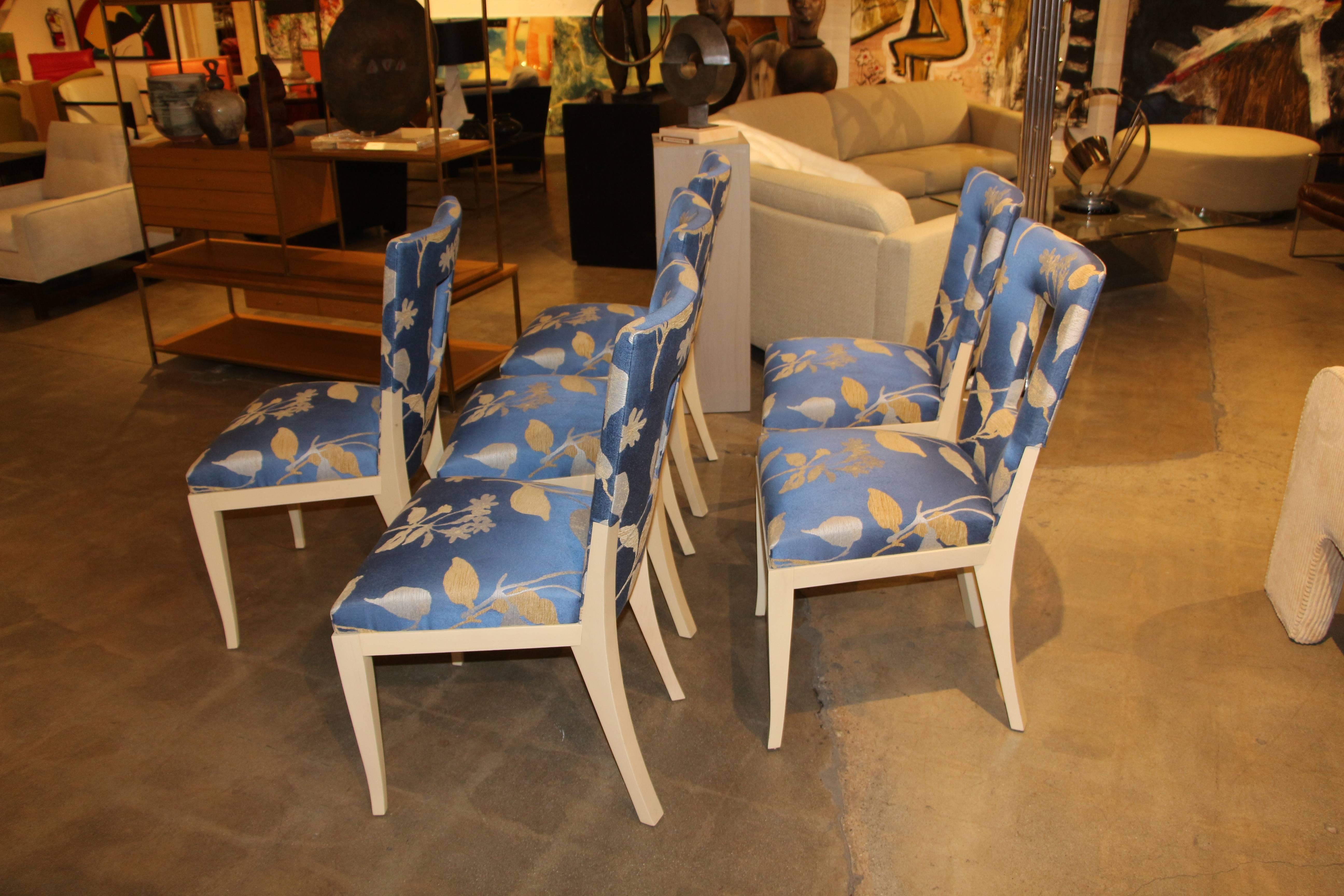 Set of Six Dakota Jackson Dining Chairs Upholstered in a Silk Donghia Fabric In Good Condition In Palm Springs, CA