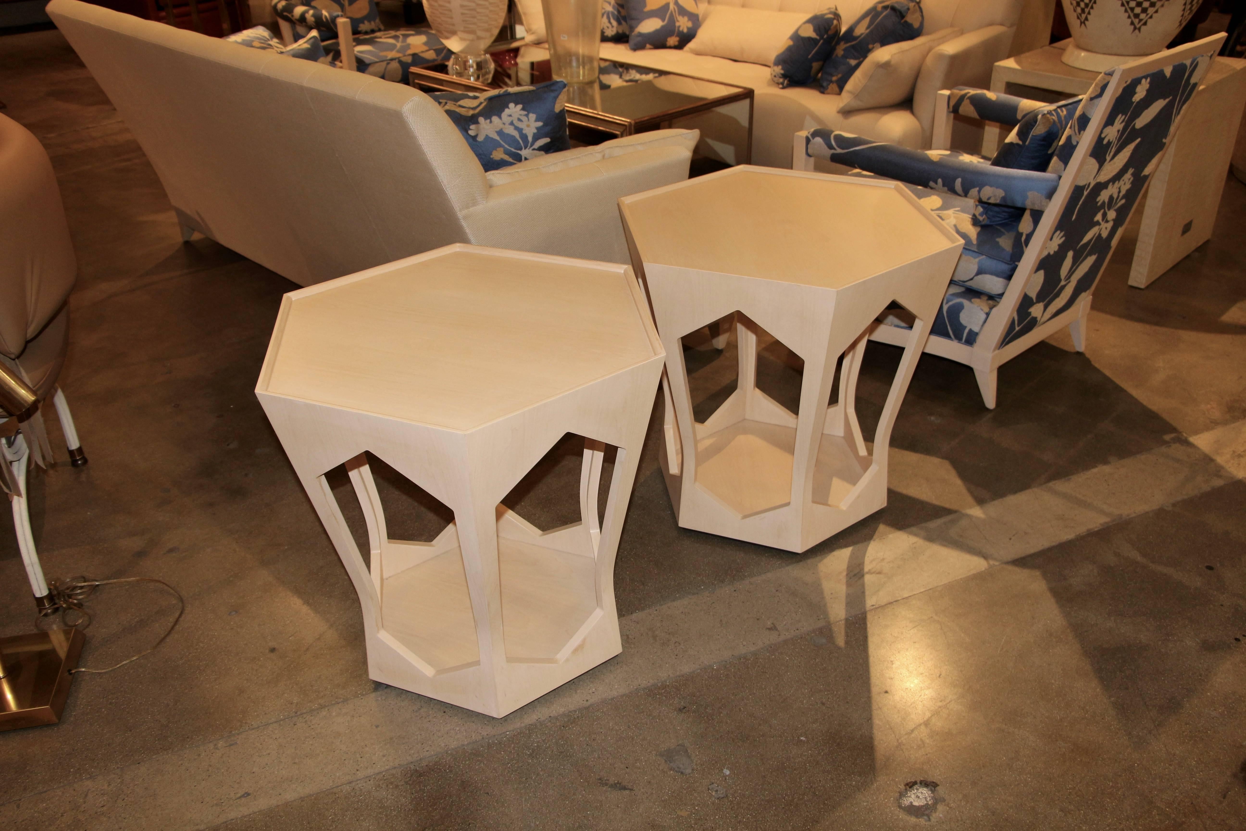 American Pair of Hexagon 6 Sided Geometric Donghia Tables in Light Wood