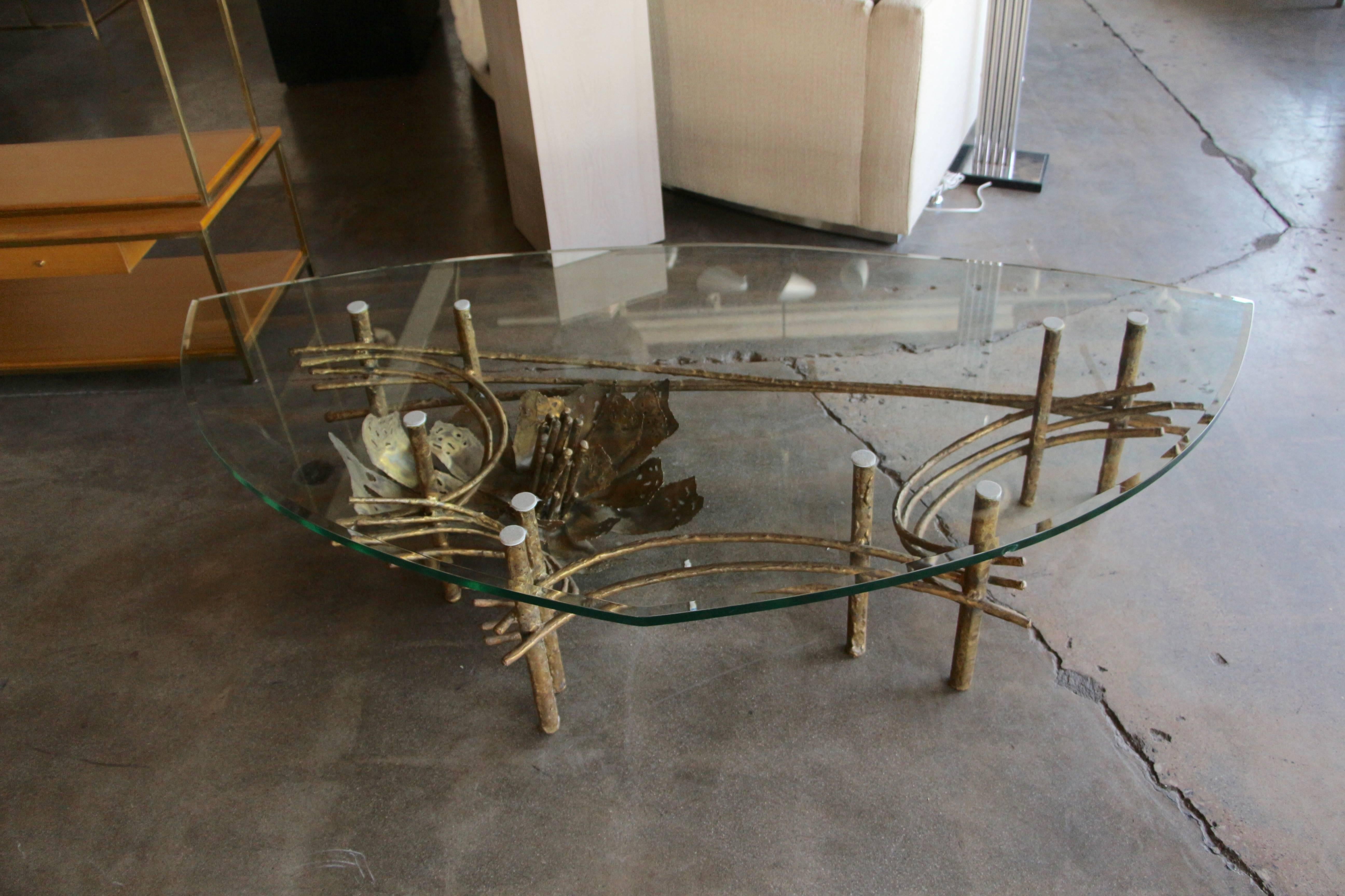 Brutalist Daniel Gluck Bronze Patinated Metal Table with Unusual Shape Top